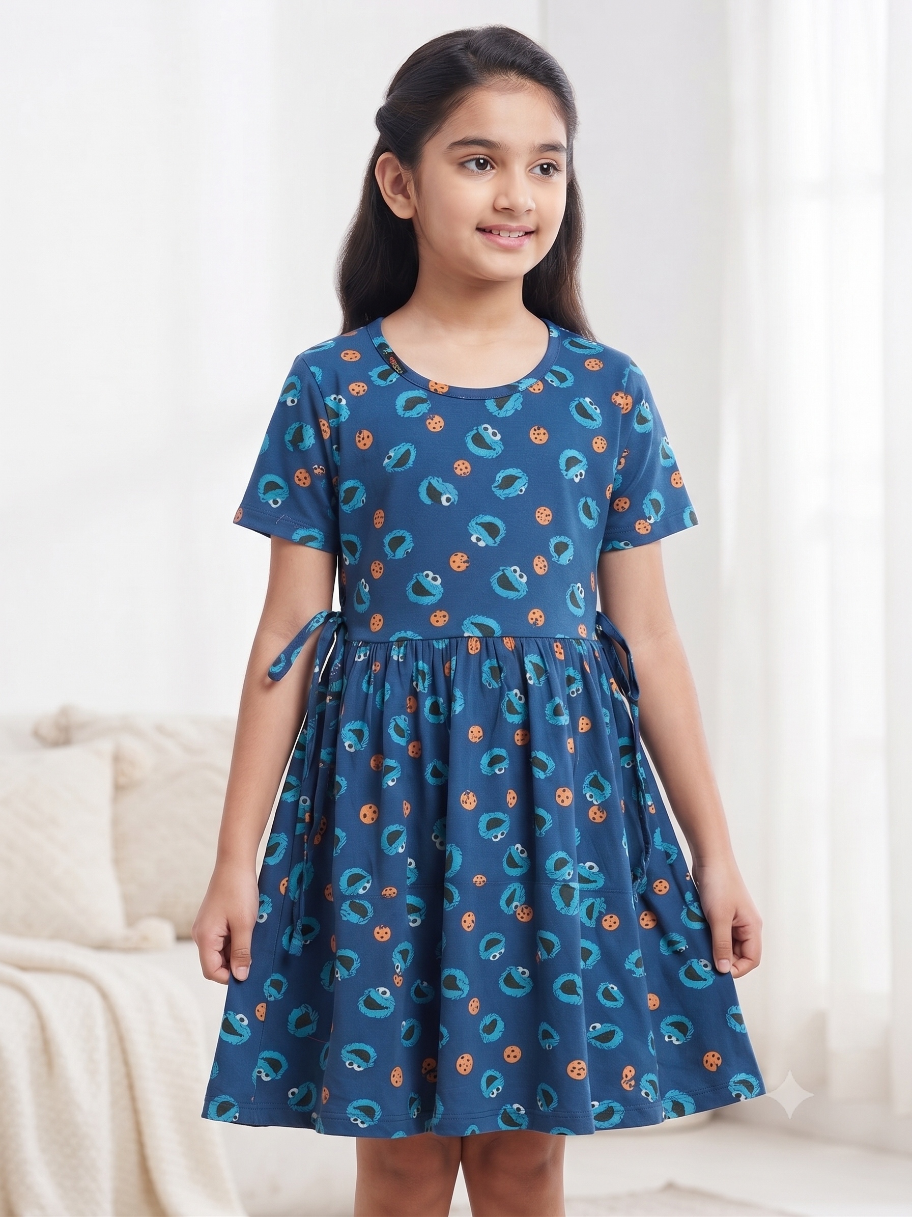 Premium Blue Cookie Print Hosiery Cotton Frock (2-16 Years)