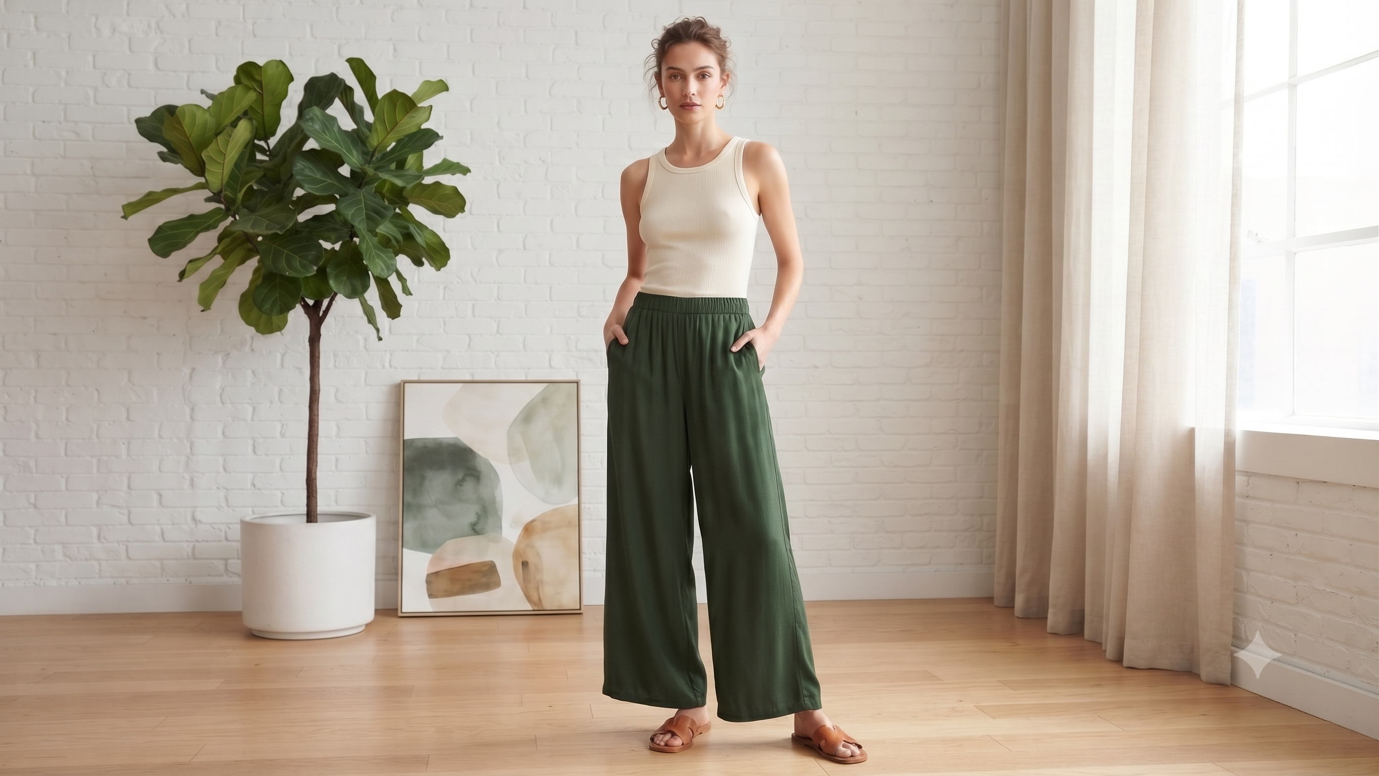 Bottle Green Solid Wide-Leg Palazzo with Pockets