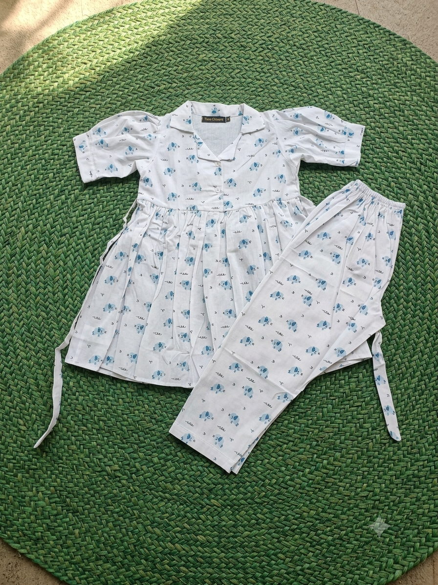 Whimsical Blue Elephant Peplum Top & Pants Co-Ord Set