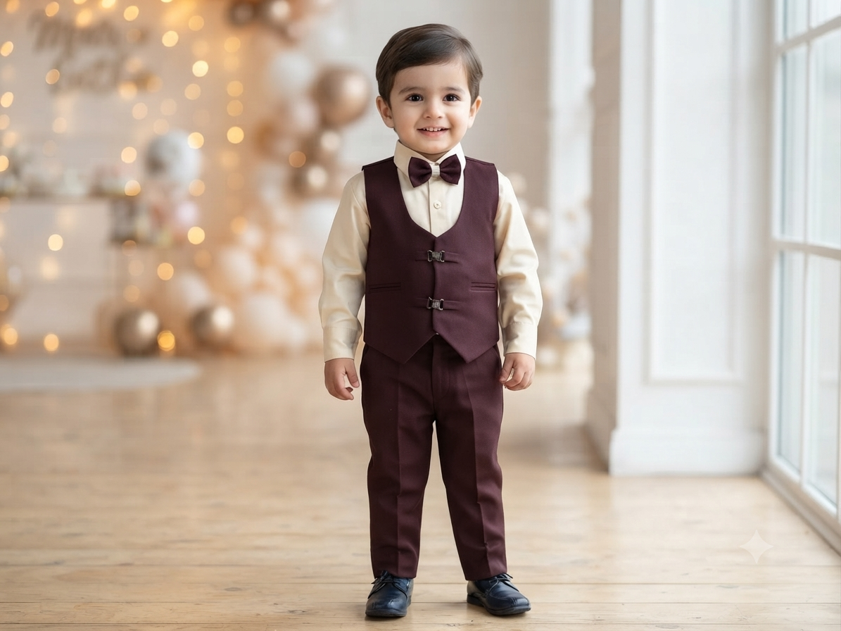 Boys Maroon and Beige Waistcoat, Shirt, Bowtie, and Pant Set