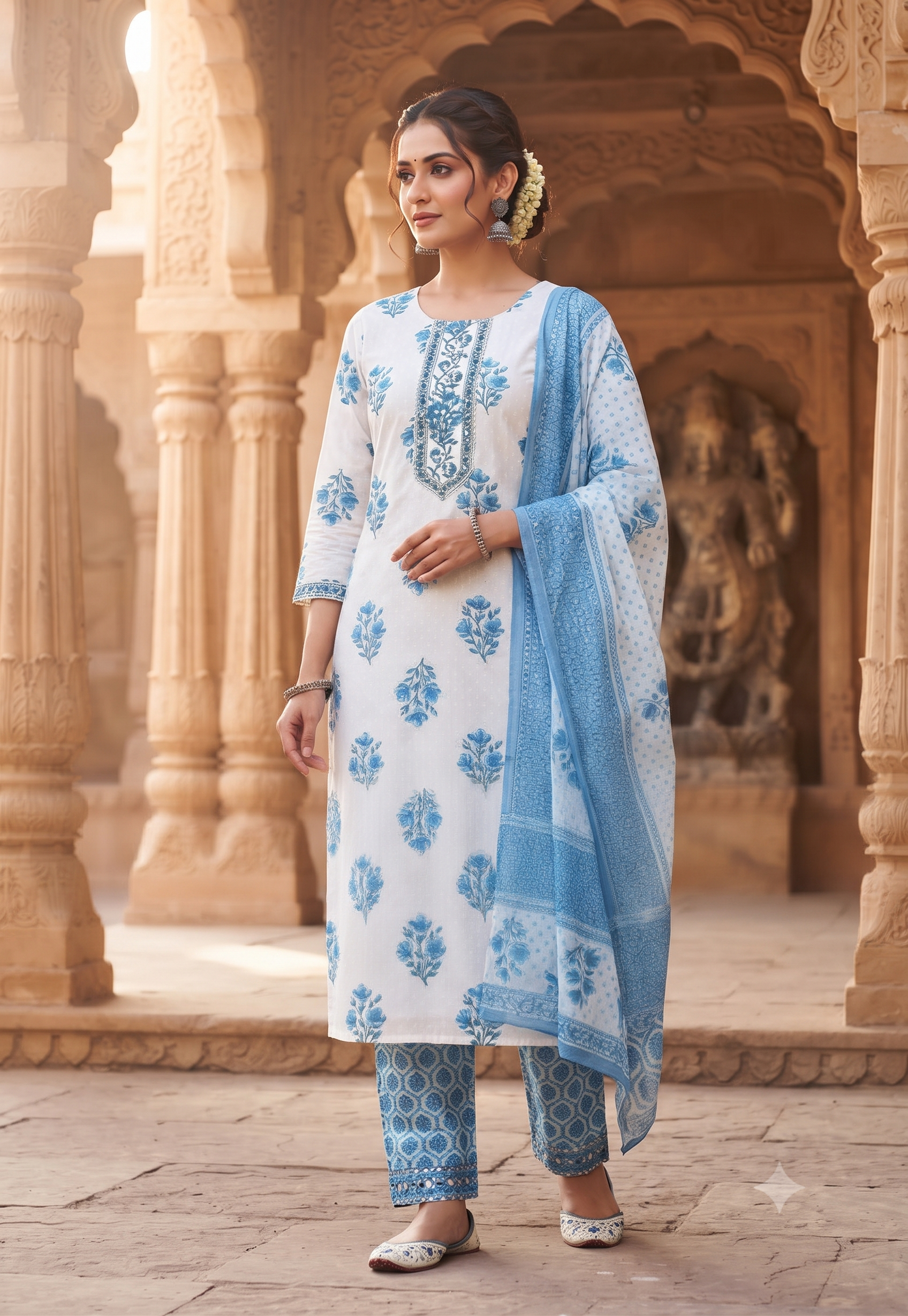 Elegant White and Blue Floral Printed Cotton 3-Piece Kurti Set