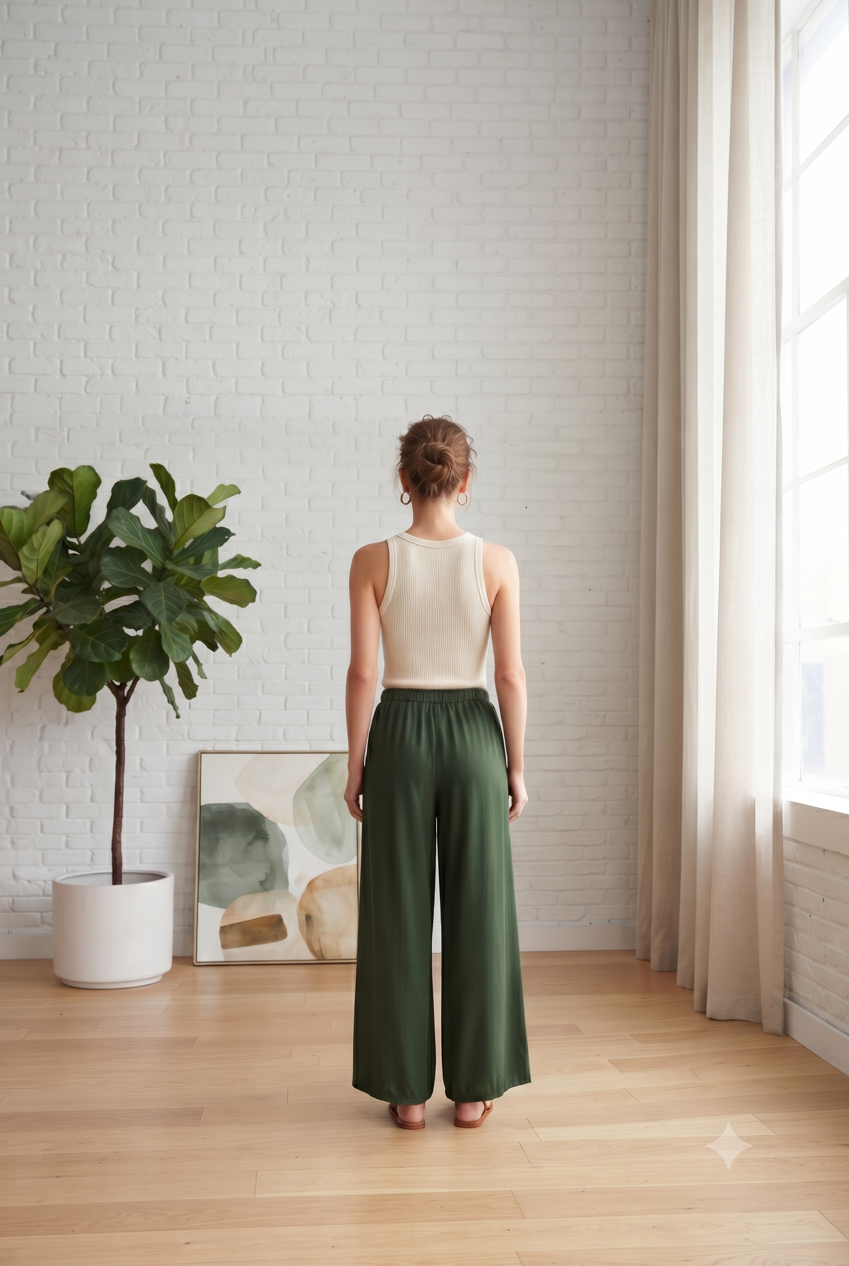 Bottle Green Solid Wide-Leg Palazzo with Pockets