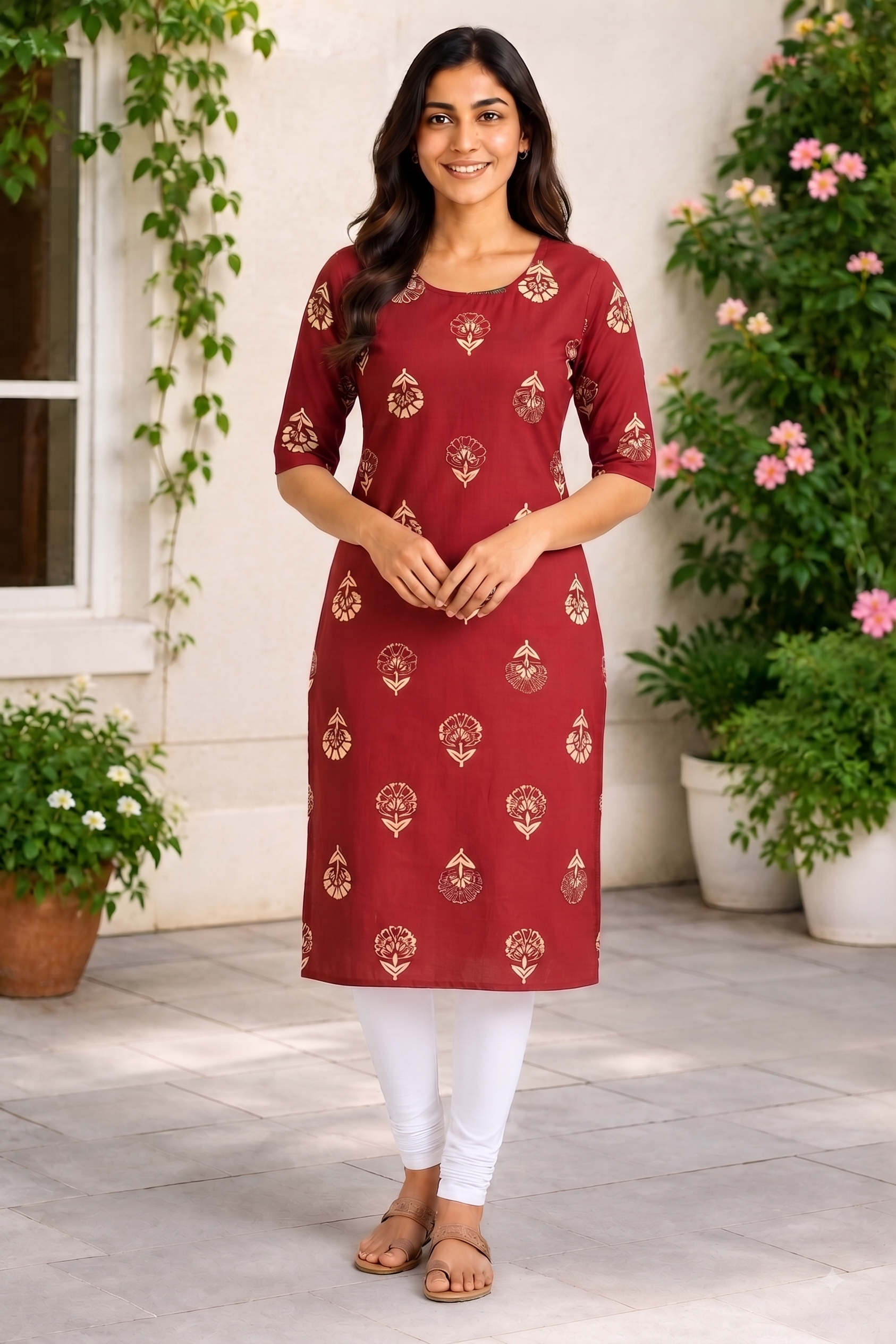Women’s Maroon Red Floral Block-Printed Cotton Straight-Cut Kurthi with Elbow Sleeves & Pocket