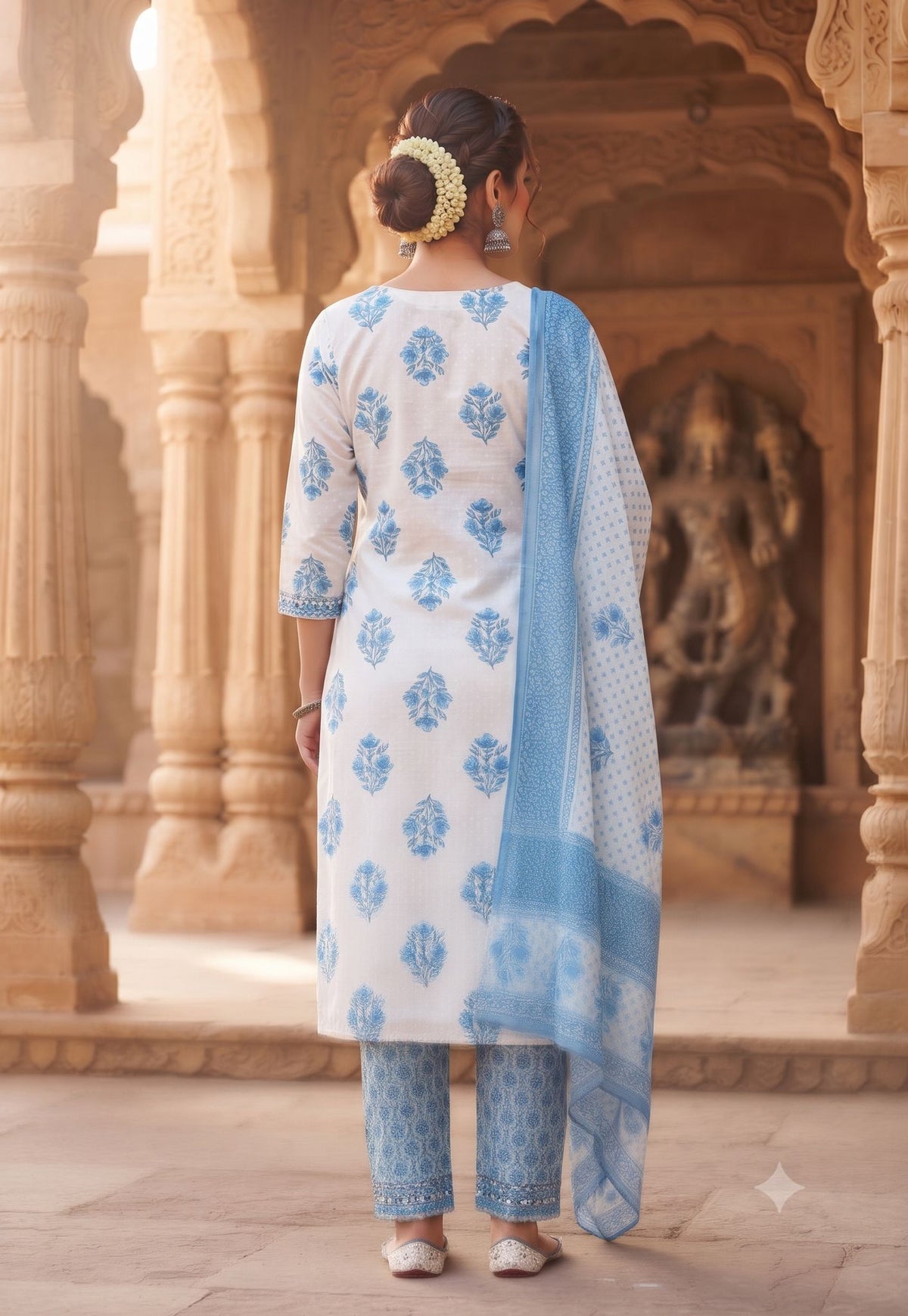 Elegant White and Blue Floral Printed Cotton 3-Piece Kurti Set