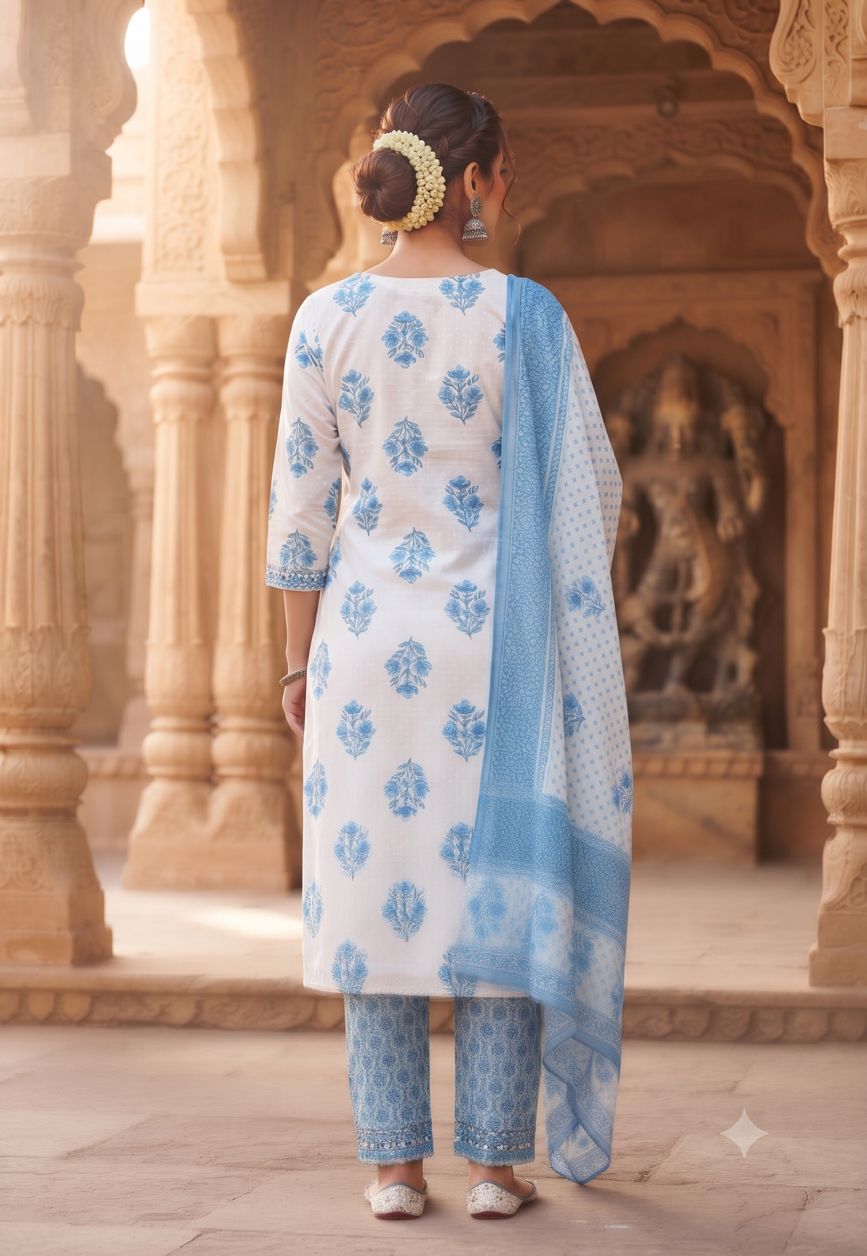 Elegant White and Blue Floral Printed Cotton 3-Piece Kurti Set