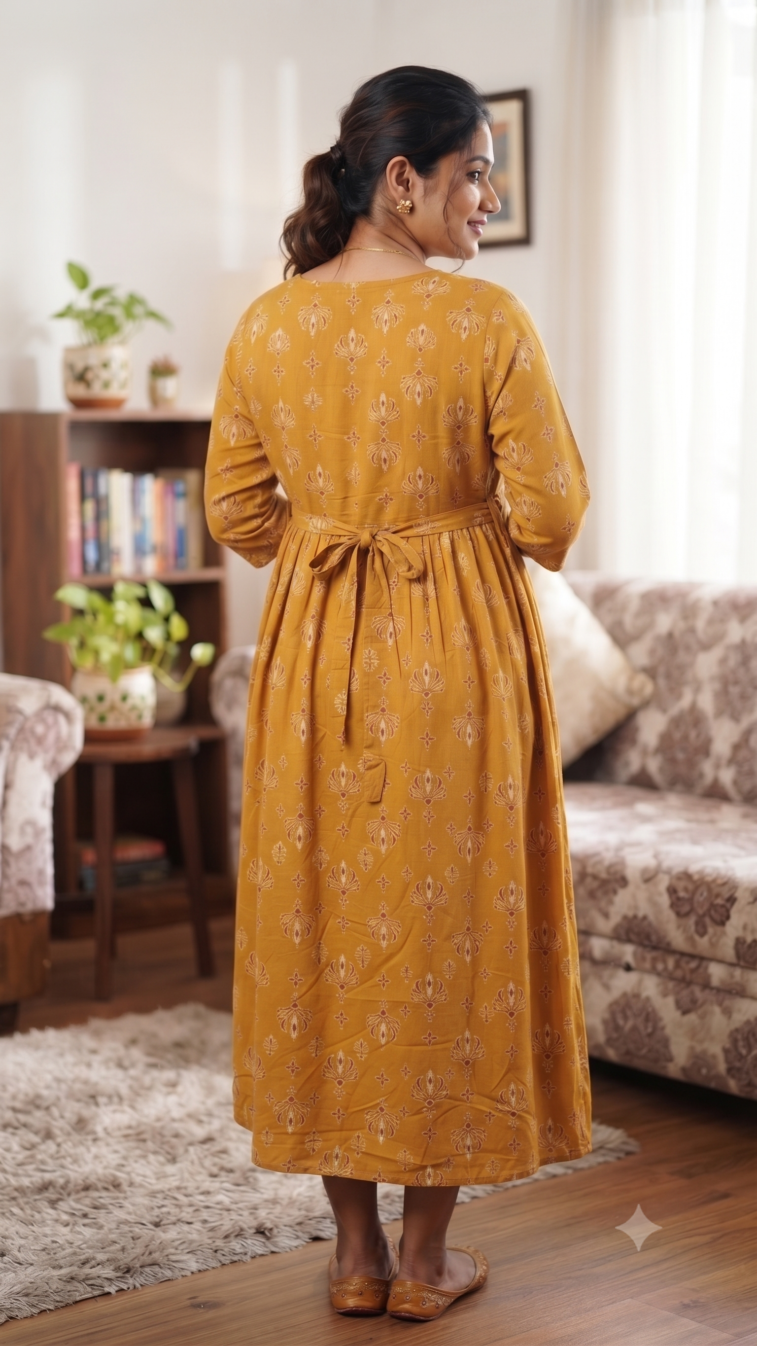 Heavy Two-Tone Print Mustard Yellow and Maroon Rayon Feeding Kurti with Adjustable Waist Tie