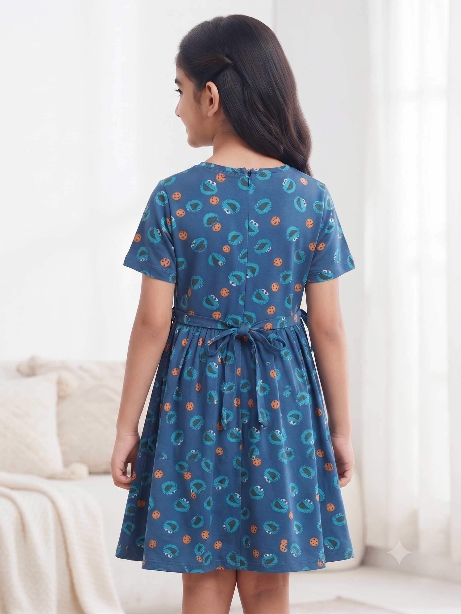 Premium Blue Cookie Print Hosiery Cotton Frock (2-16 Years)