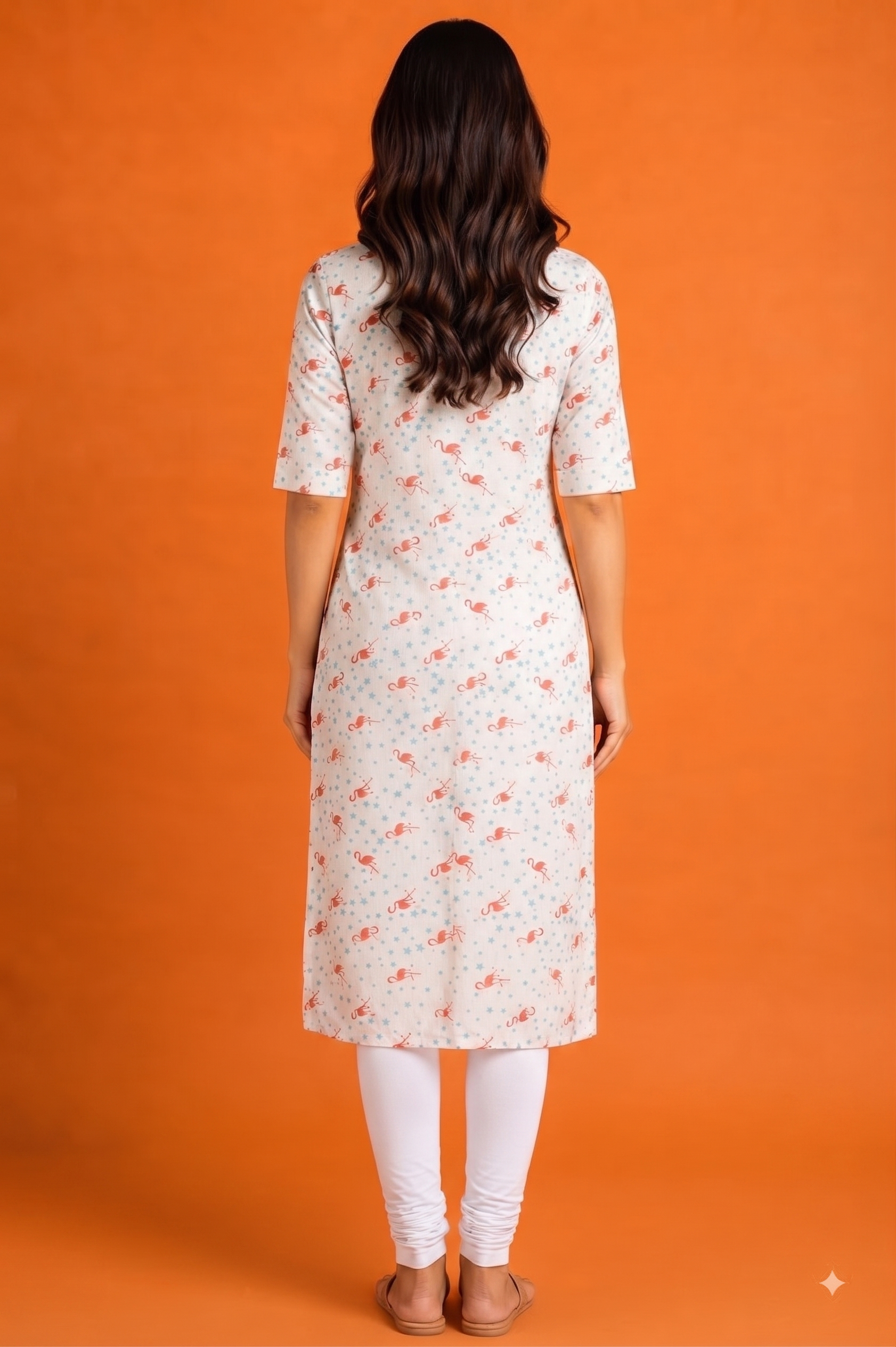 Women’s Off-White base with Red Flamingo and Blue Star Print Round Neck Straight Cut Kurti with Pocket