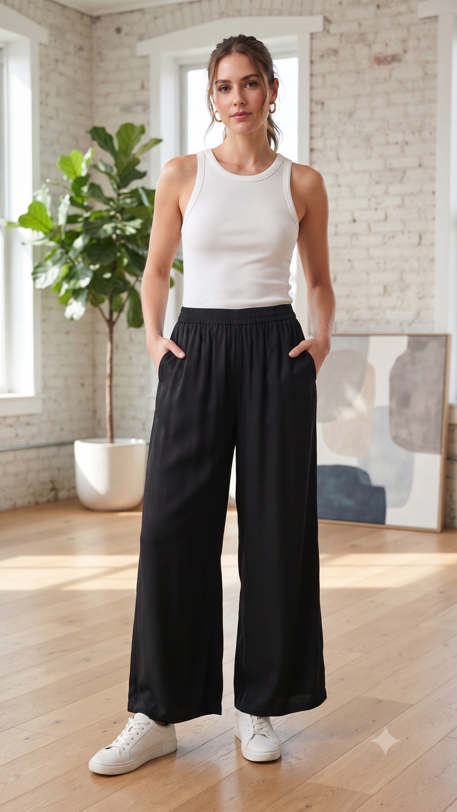 Black Solid Wide-Leg Palazzo with Pockets