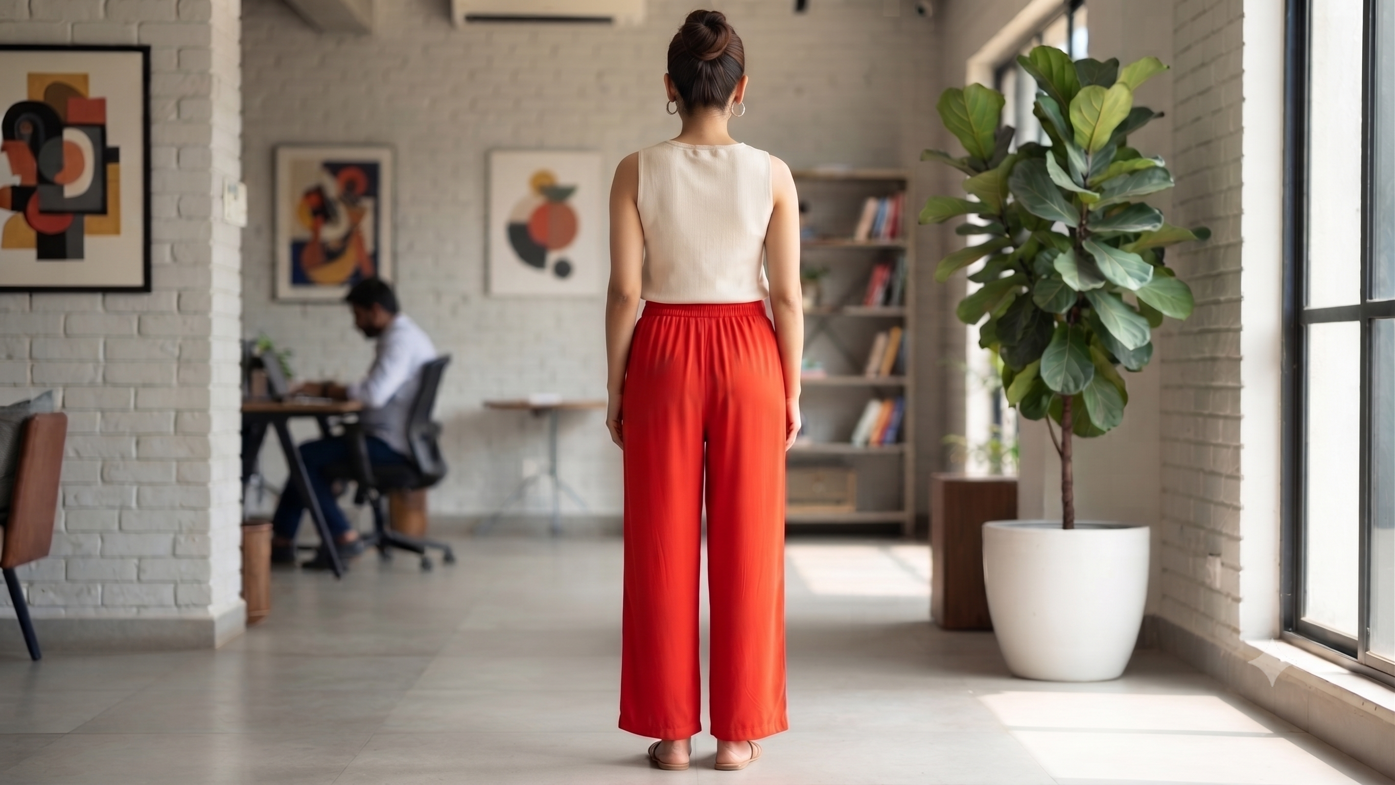 Red Solid Wide-Leg Palazzo with Pockets