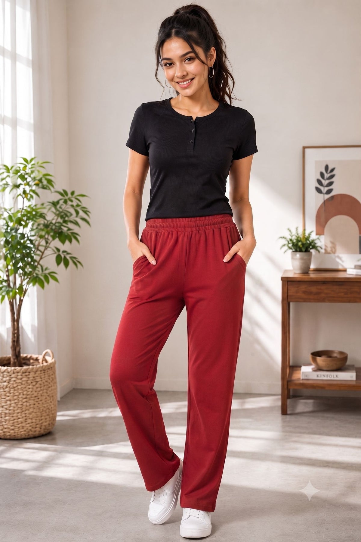 Women's Red color Casual Elastic Waist Ladies Pant
