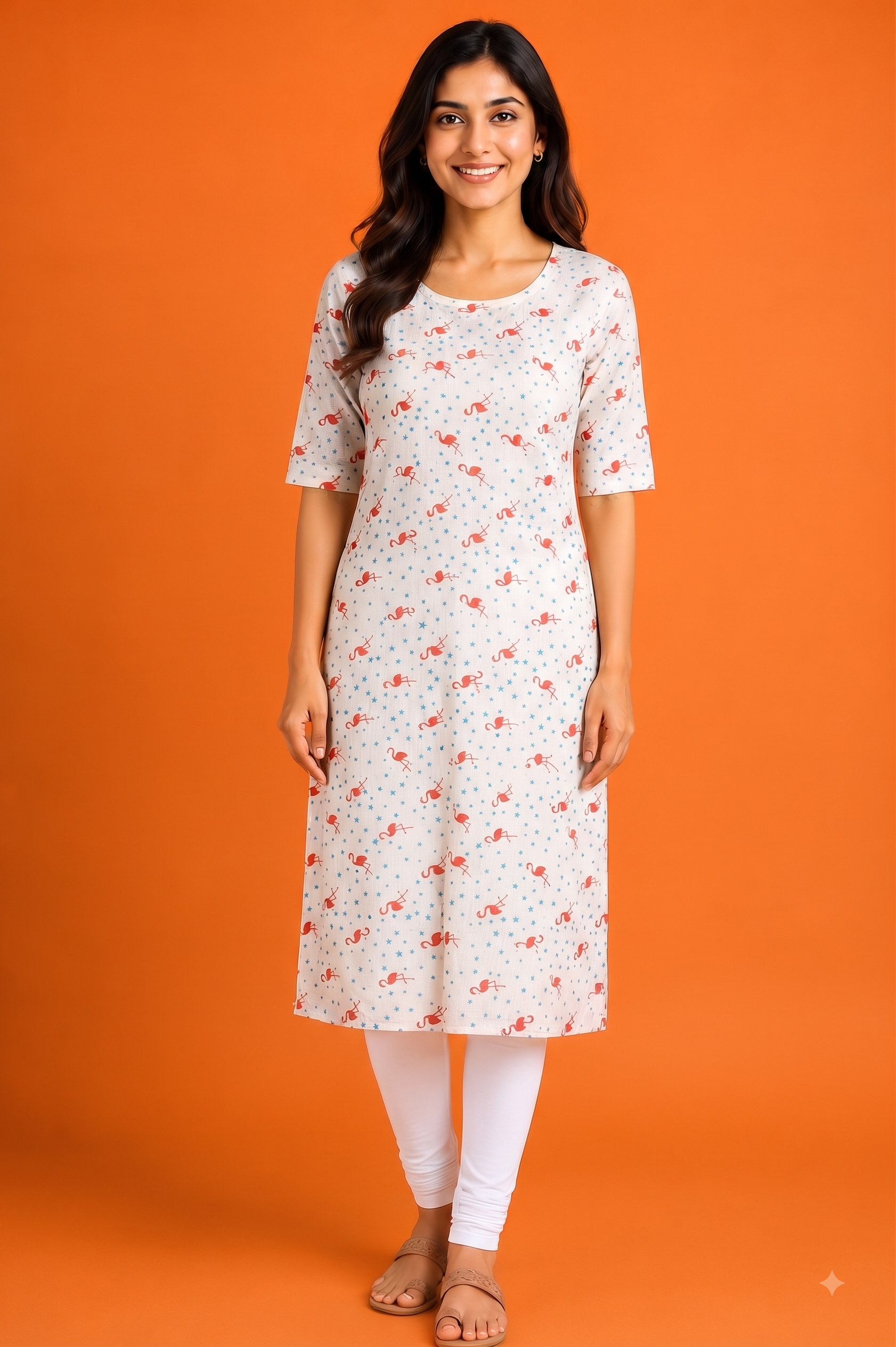 Women’s Off-White base with Red Flamingo and Blue Star Print Round Neck Straight Cut Kurti with Pocket