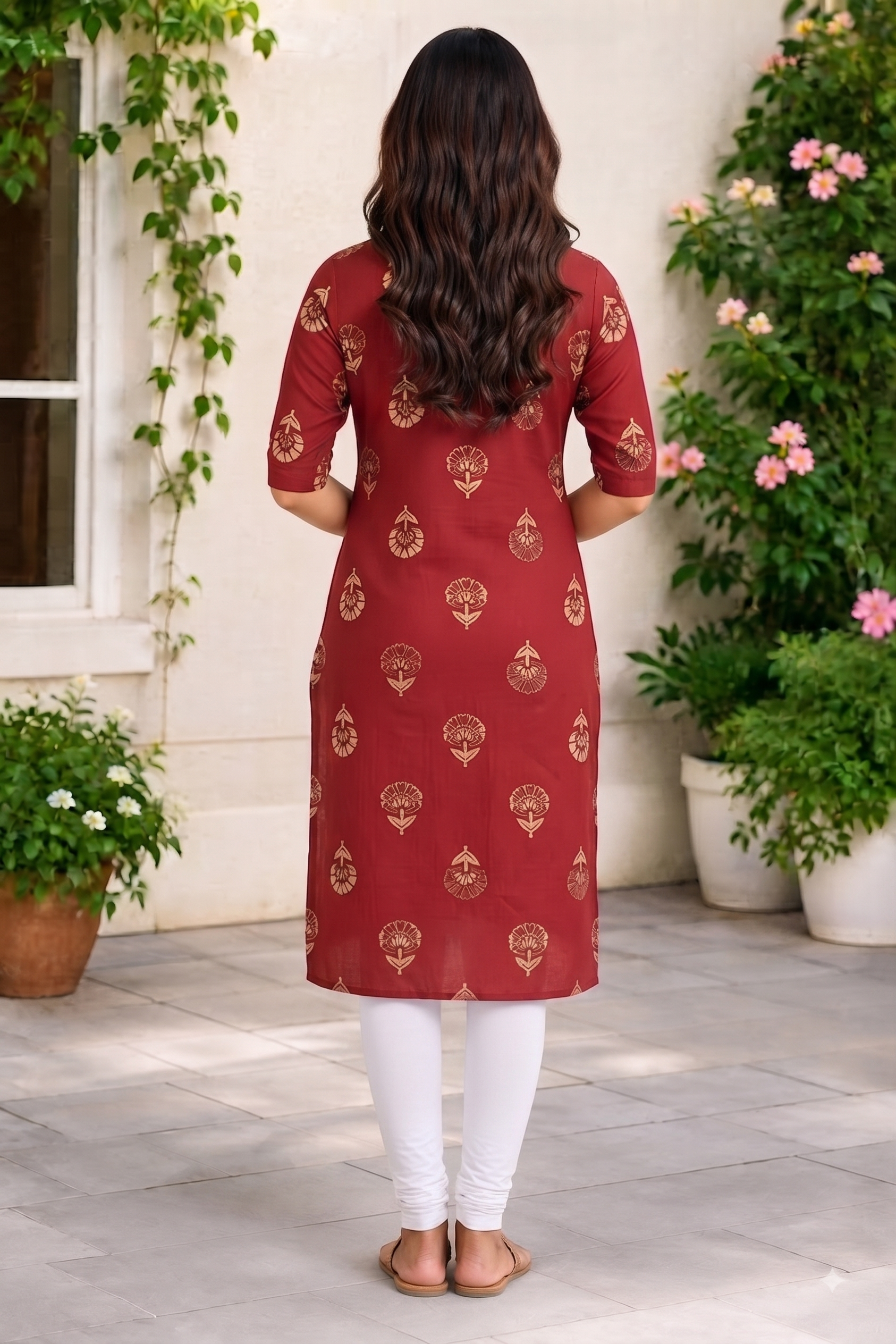 Women’s Maroon Red Floral Block-Printed Cotton Straight-Cut Kurthi with Elbow Sleeves & Pocket