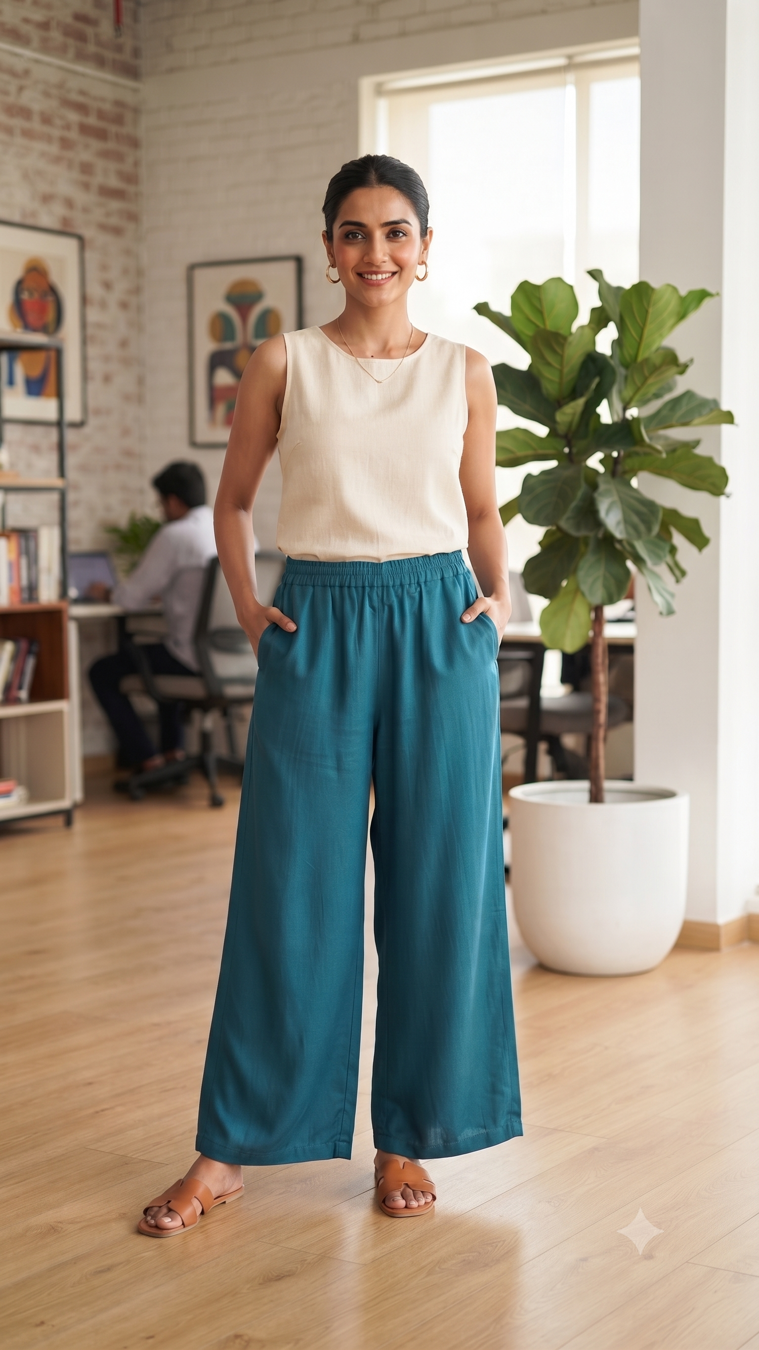 Teal Blue Solid Wide-Leg Palazzo with Pockets