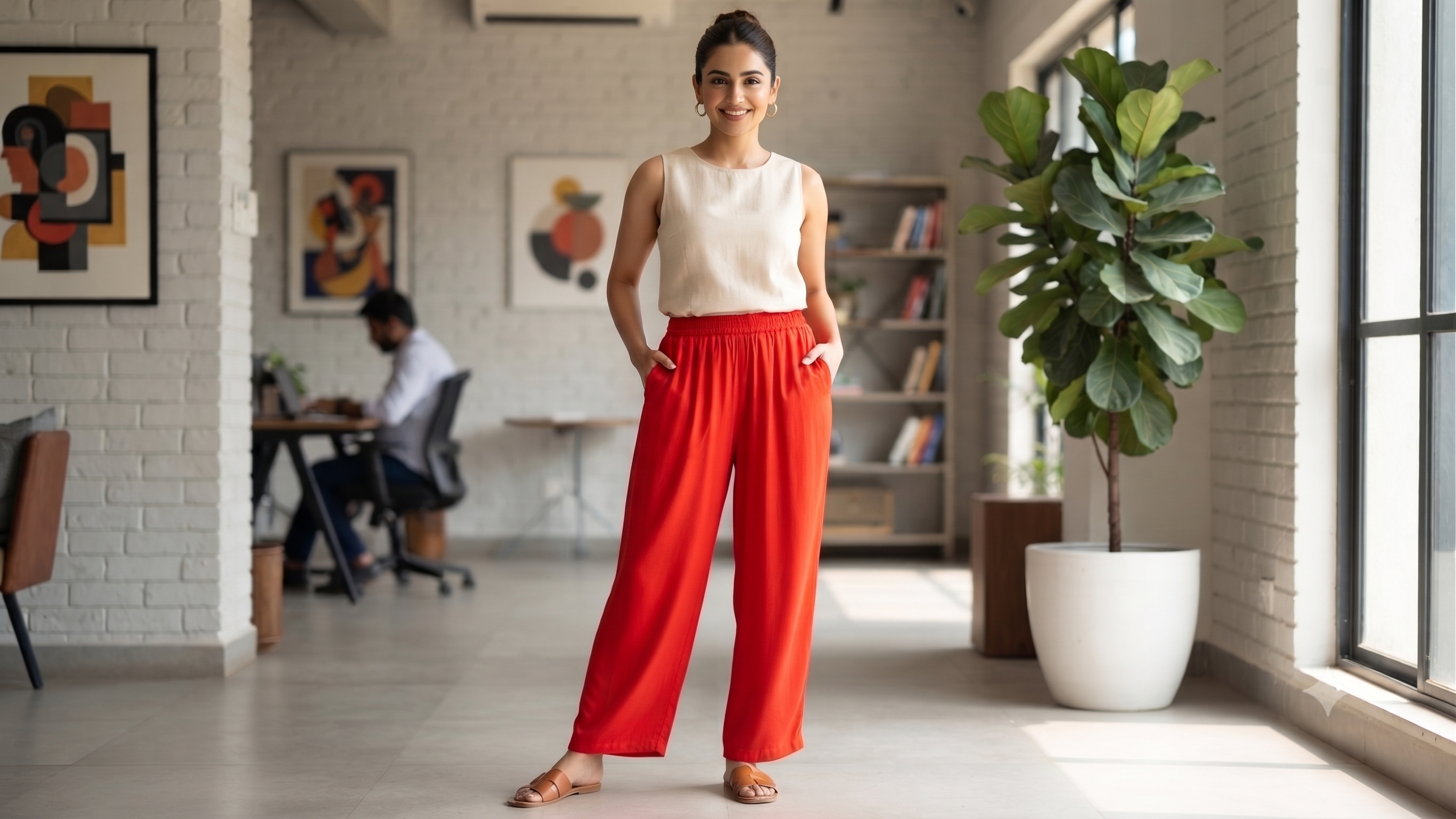 Red Solid Wide-Leg Palazzo with Pockets