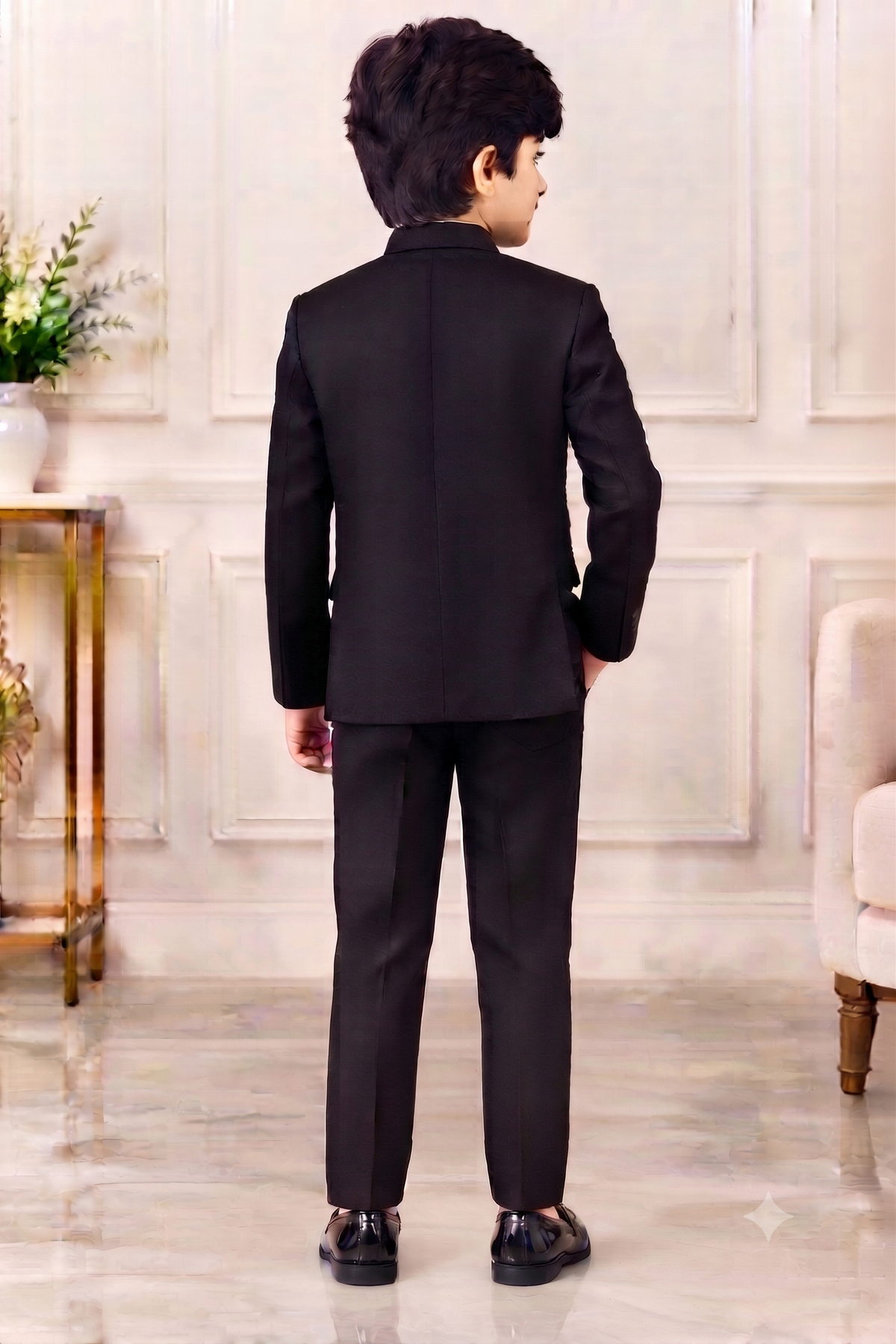 Boys Black Sequins Coat and Black Elastic Waist Pant Set