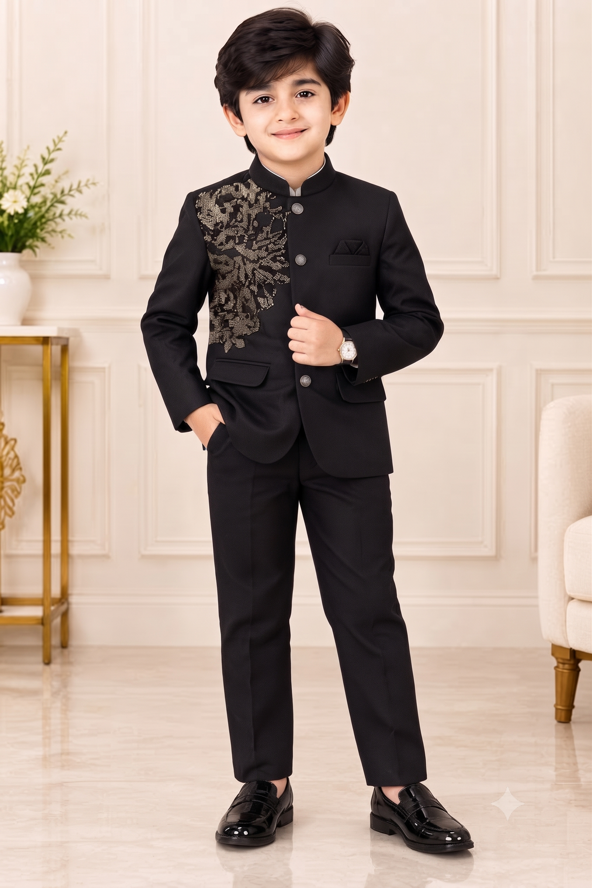 Boys Black Sequins Coat and Black Elastic Waist Pant Set