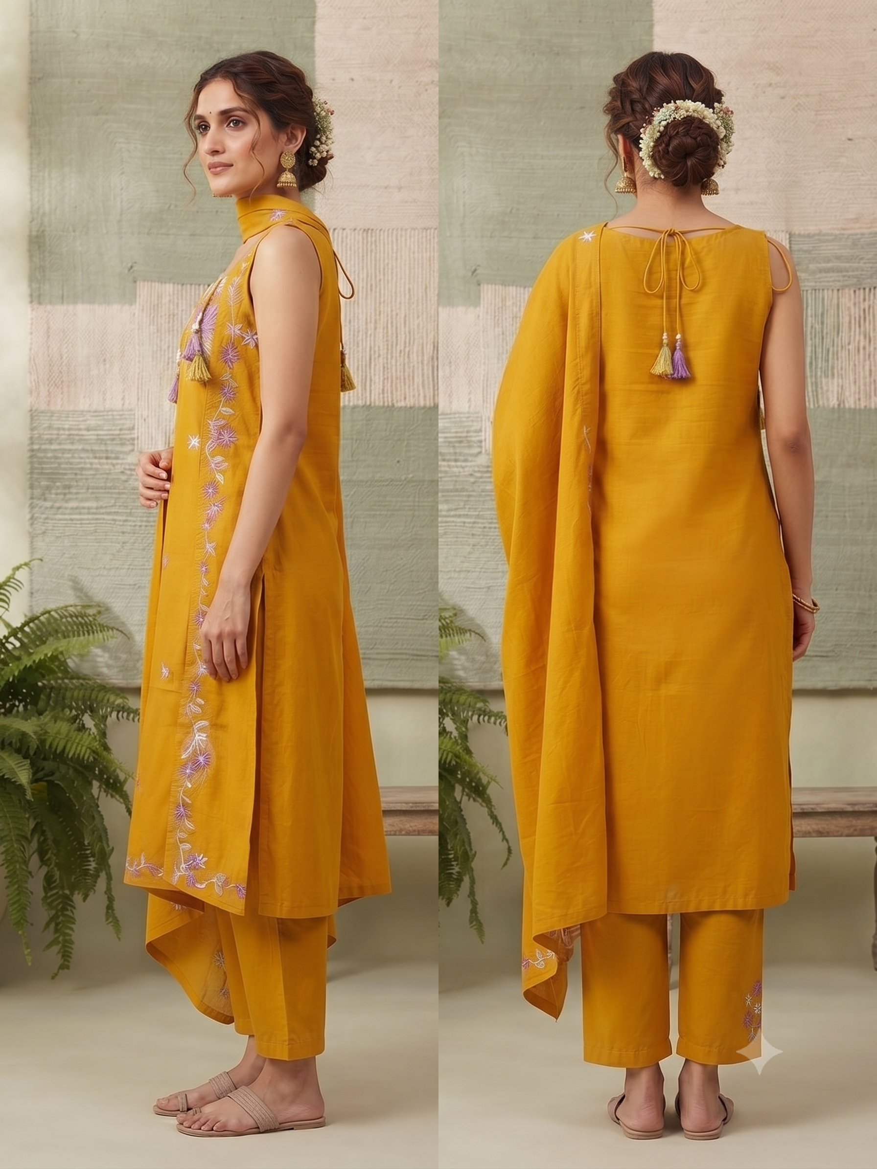 Vibrant Golden Yellow Embroidered Sleeveless Cotton 3-Piece Kurti Set