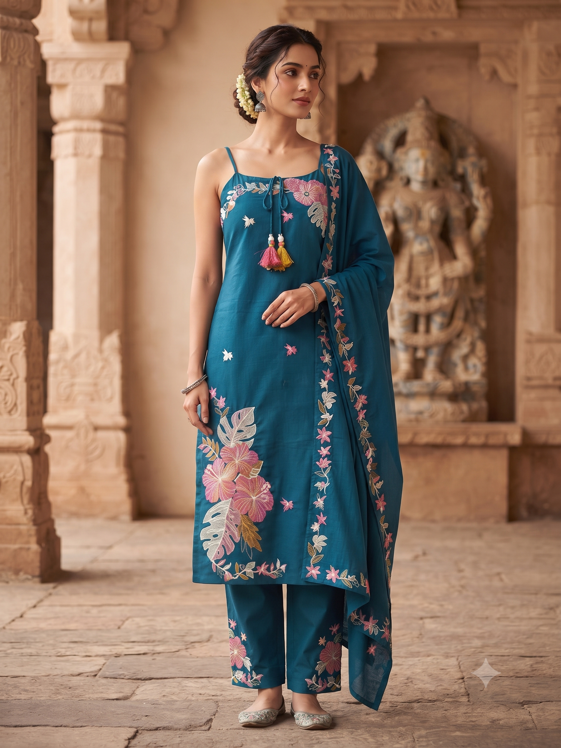 Vibrant Teal Blue Embroidered Cotton 3-Piece Sleeveless Kurti Set