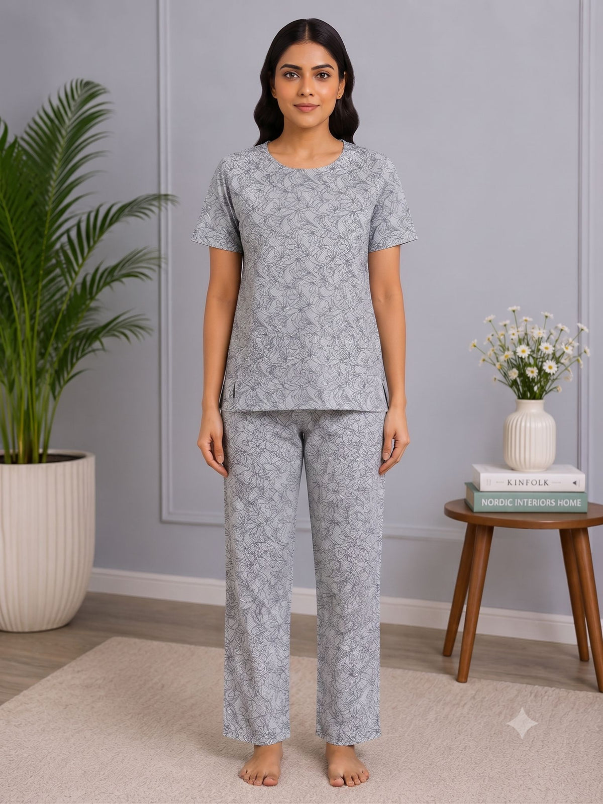 Women's Sage Green Premium Cotton Floral Print Elastic Waist Night Suit with Side Slit Top & Straight Pant