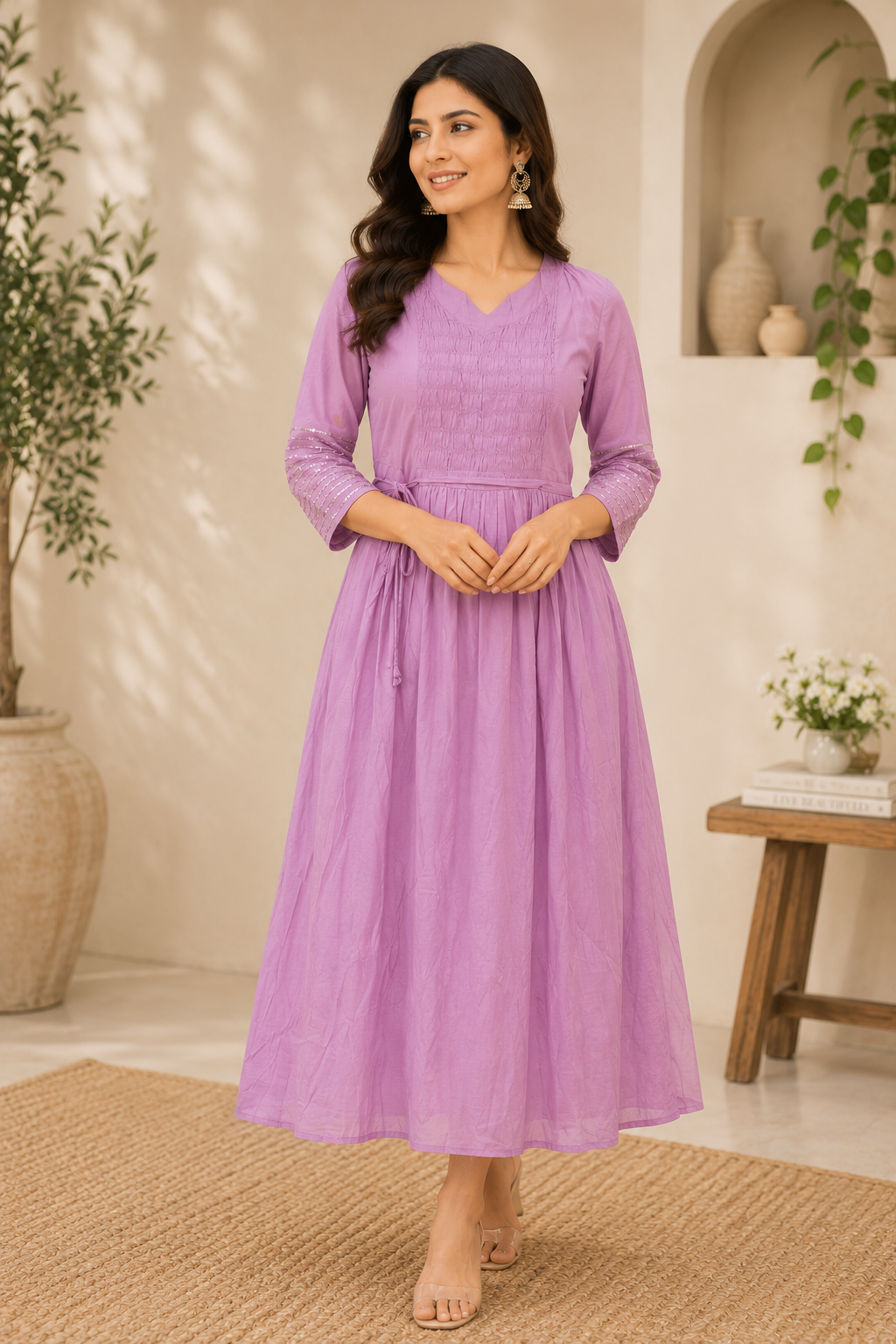 Elegant Dusty Purple Single Piece Kurti with Adjustable Waist Tie
