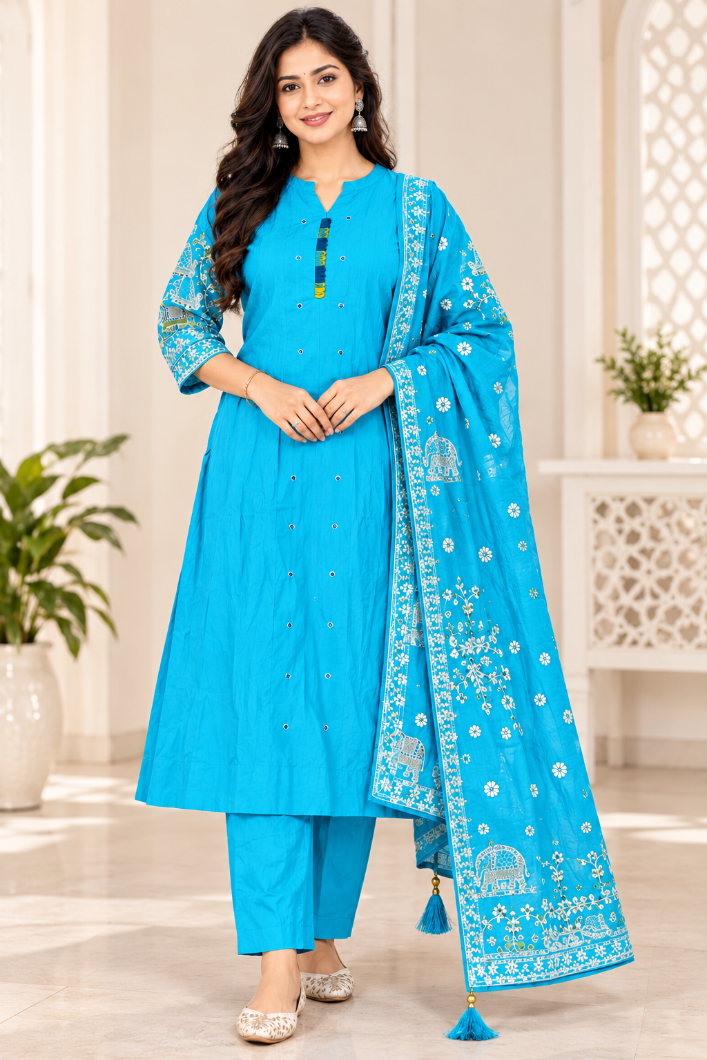 Women’s Turquoise Blue Embroidered 3-Piece Kurti Set