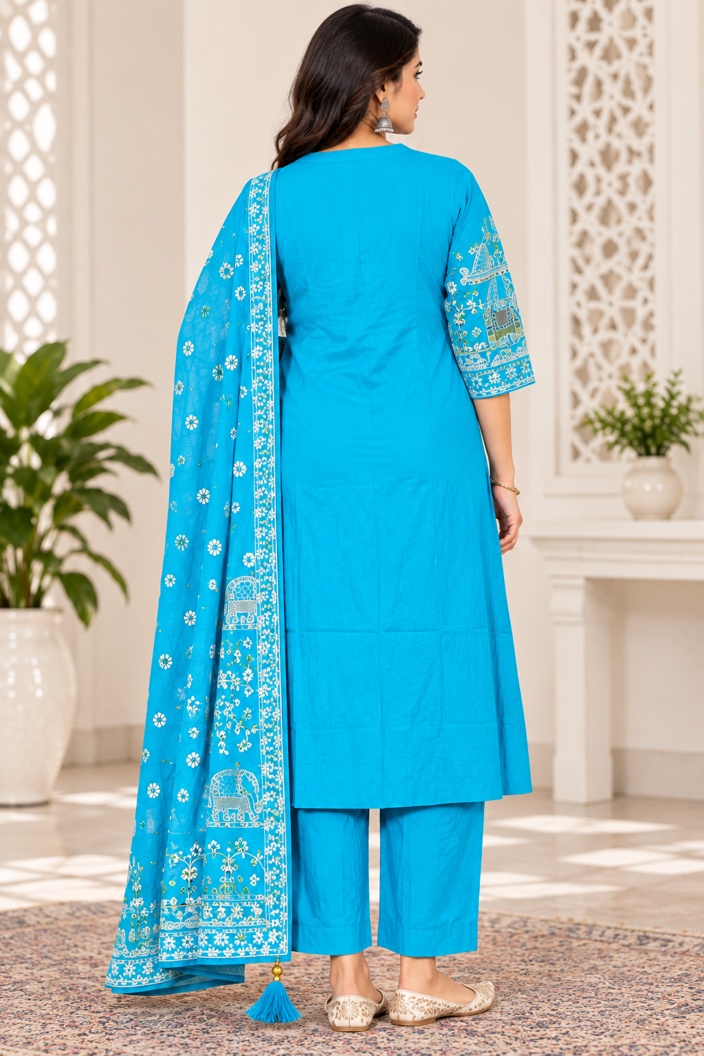 Women’s Turquoise Blue Embroidered 3-Piece Kurti Set