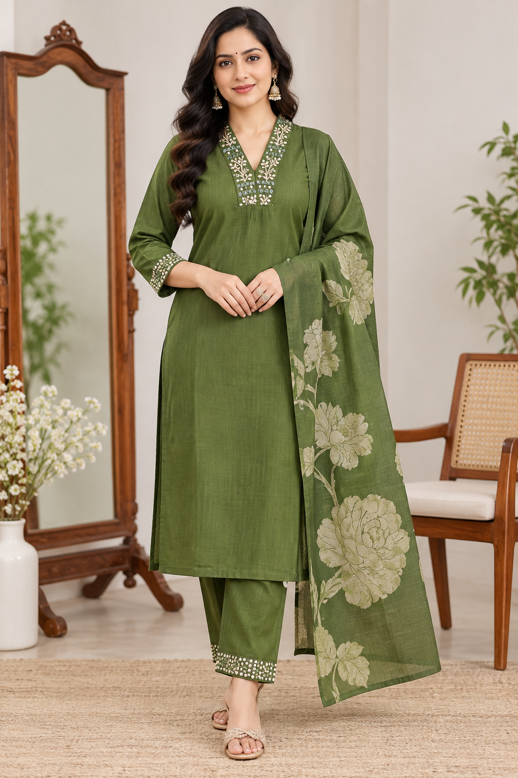Women’s Olive Green Embellished 3-Piece Kurti Set