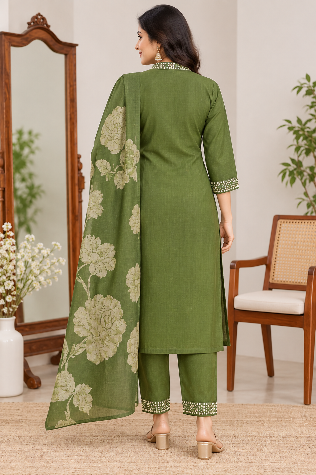 Women’s Olive Green Embellished 3-Piece Kurti Set