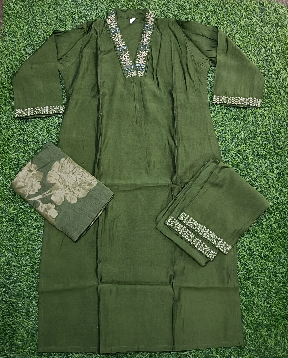 Women’s Olive Green Embellished 3-Piece Kurti Set