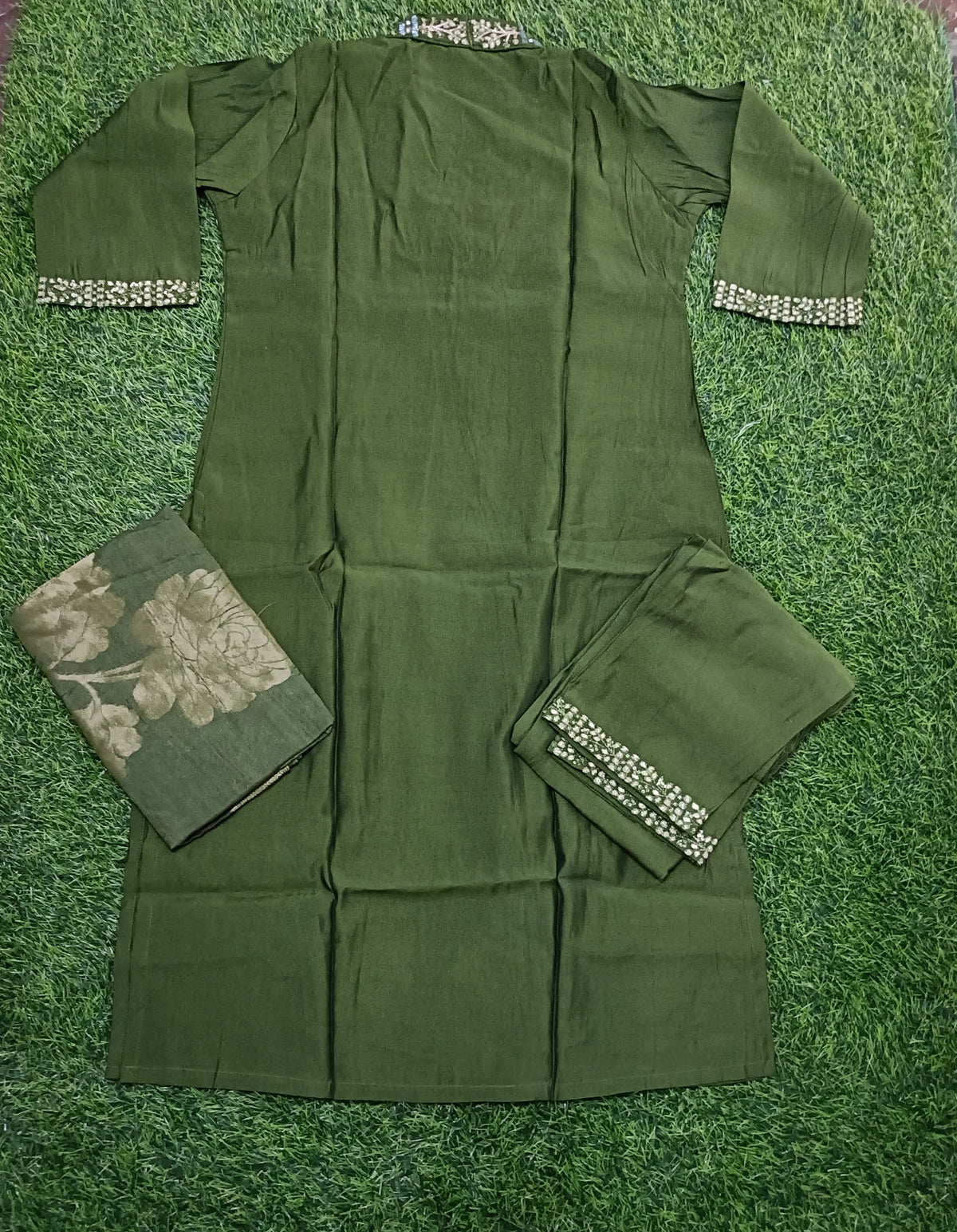 Women’s Olive Green Embellished 3-Piece Kurti Set