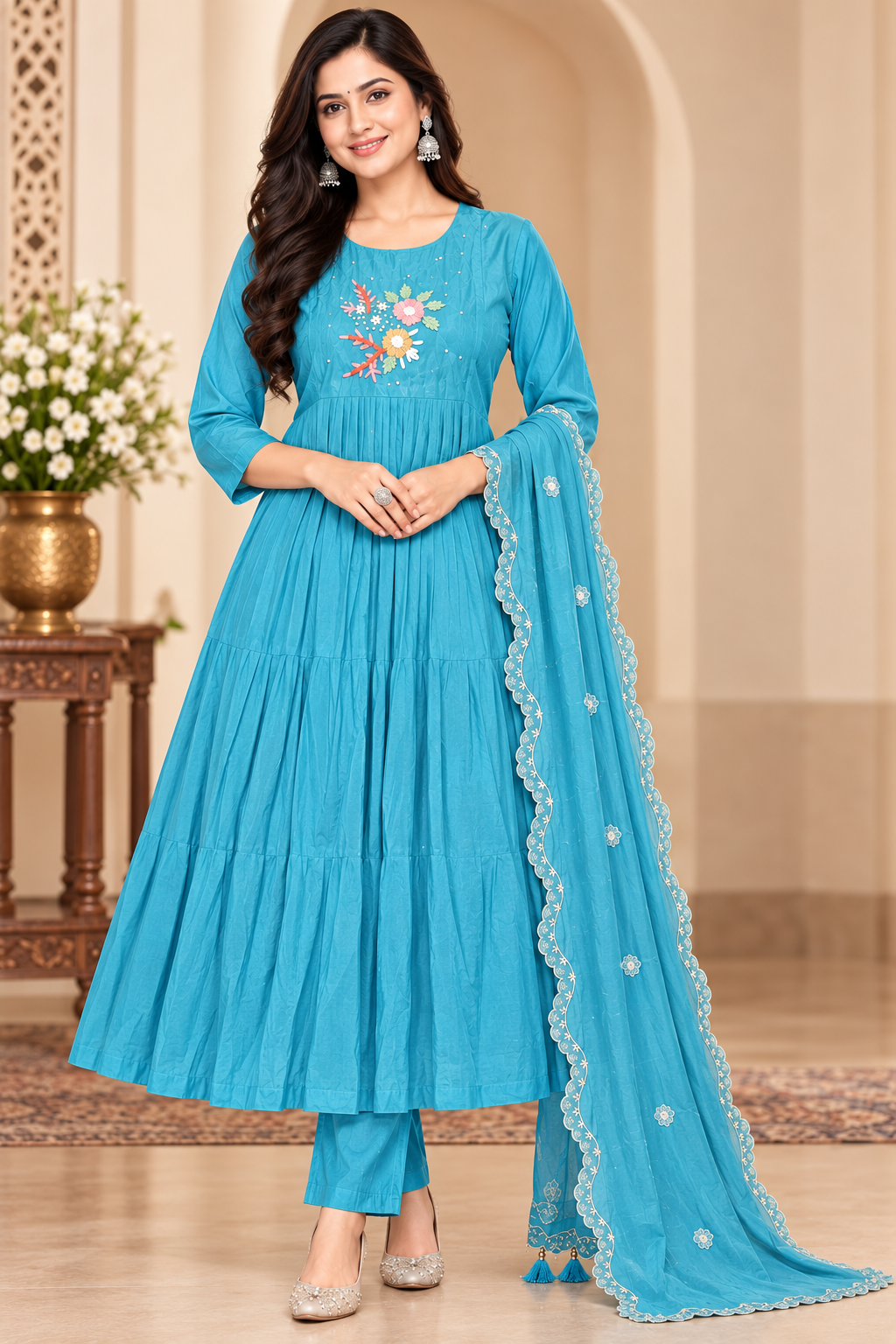 Women’s Teal Blue Floral Embroidered 3-Piece Kurti Set