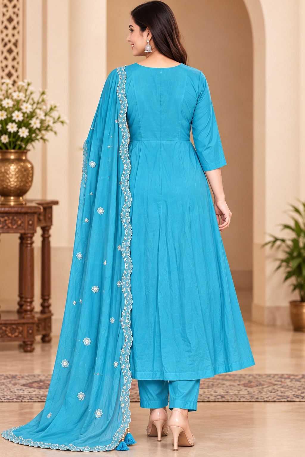 Women’s Teal Blue Floral Embroidered 3-Piece Kurti Set