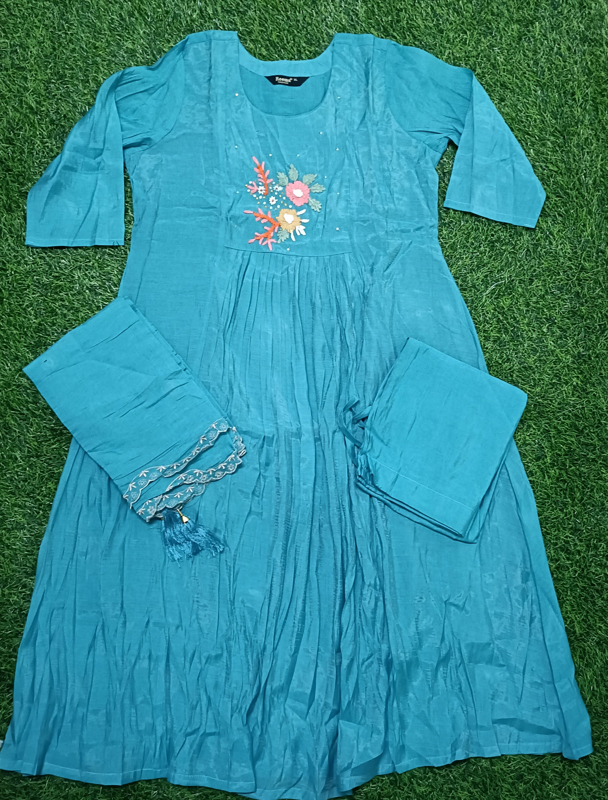 Women’s Teal Blue Floral Embroidered 3-Piece Kurti Set