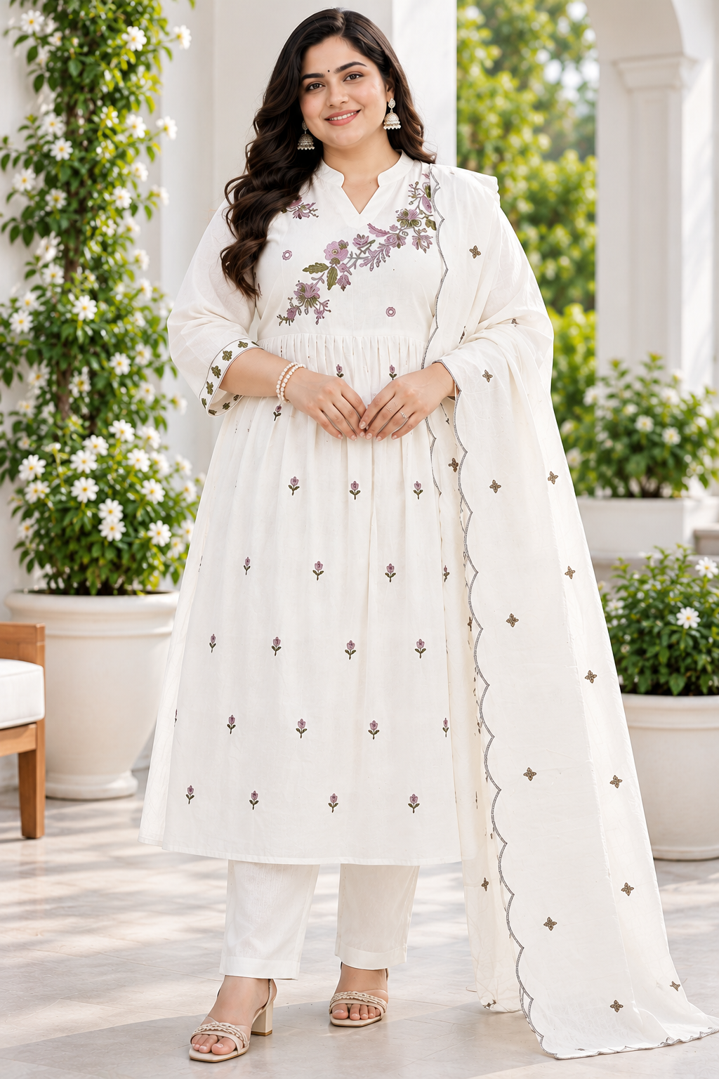 Women’s Off White Floral Embroidered 3-Piece Kurti Set