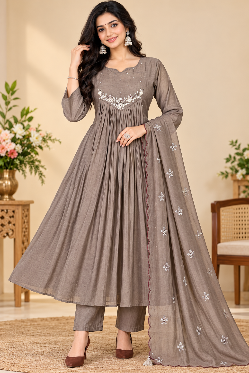 Women’s Taupe Brown Embroidered Flared 3-Piece Kurti Set