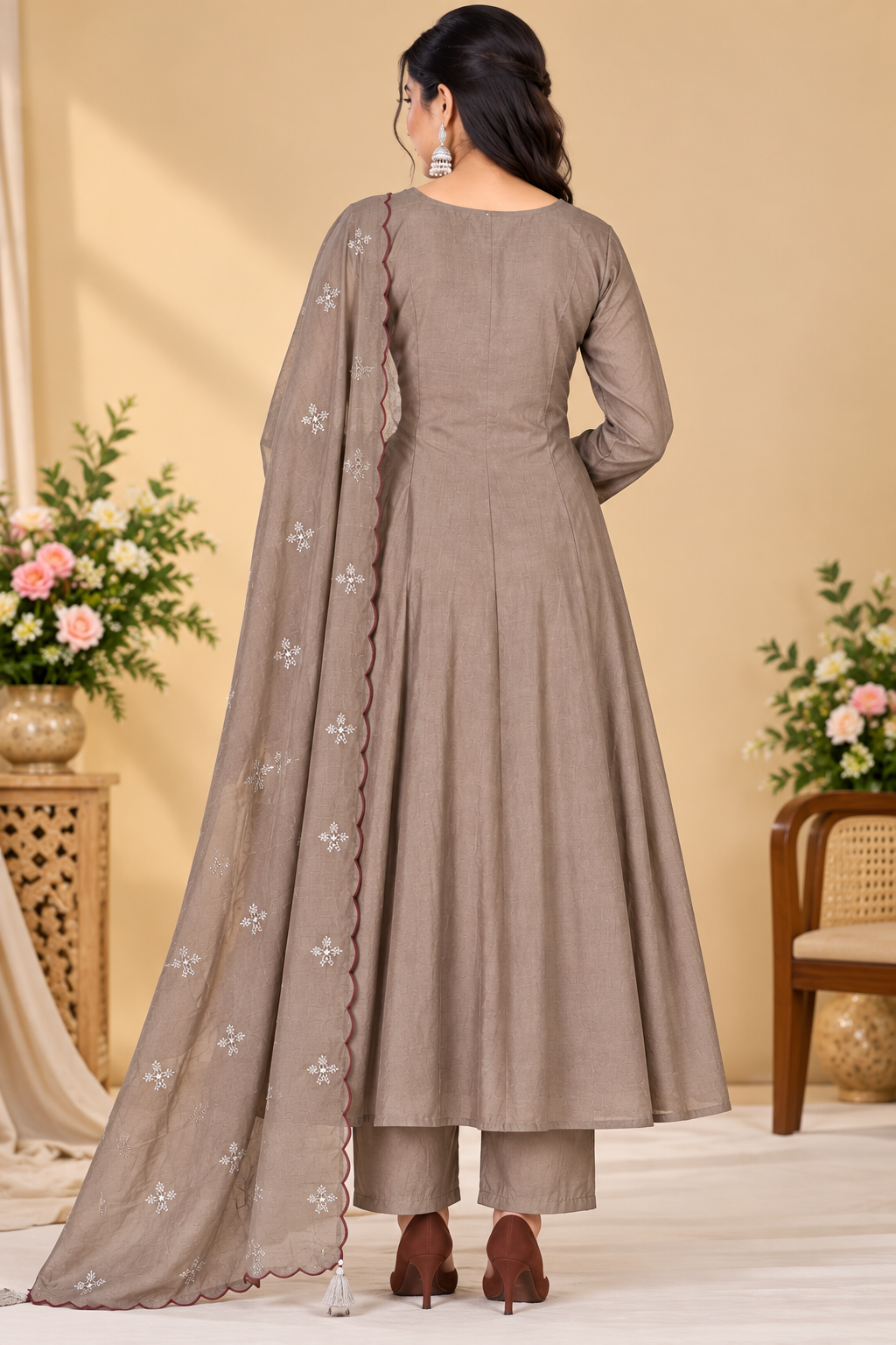 Women’s Taupe Brown Embroidered Flared 3-Piece Kurti Set