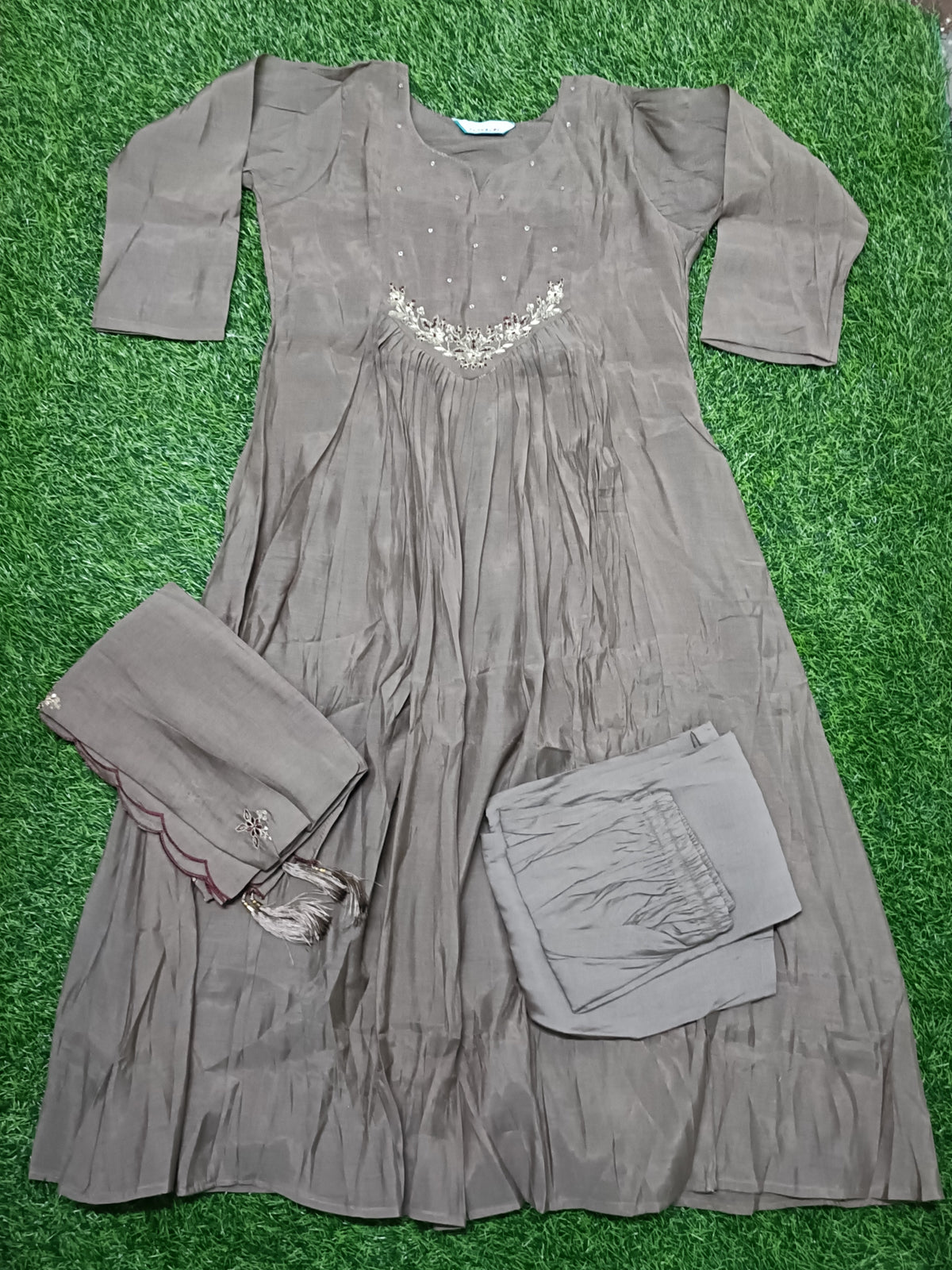 Women’s Taupe Brown Embroidered Flared 3-Piece Kurti Set