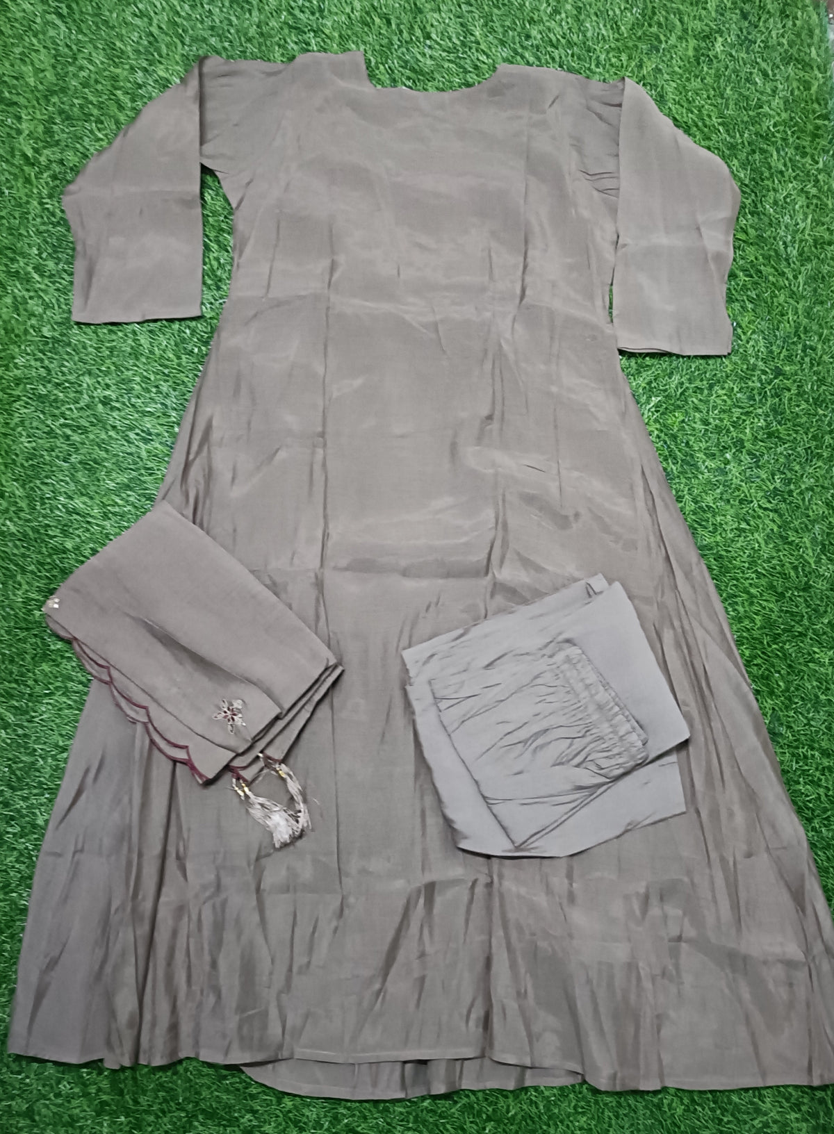 Women’s Taupe Brown Embroidered Flared 3-Piece Kurti Set