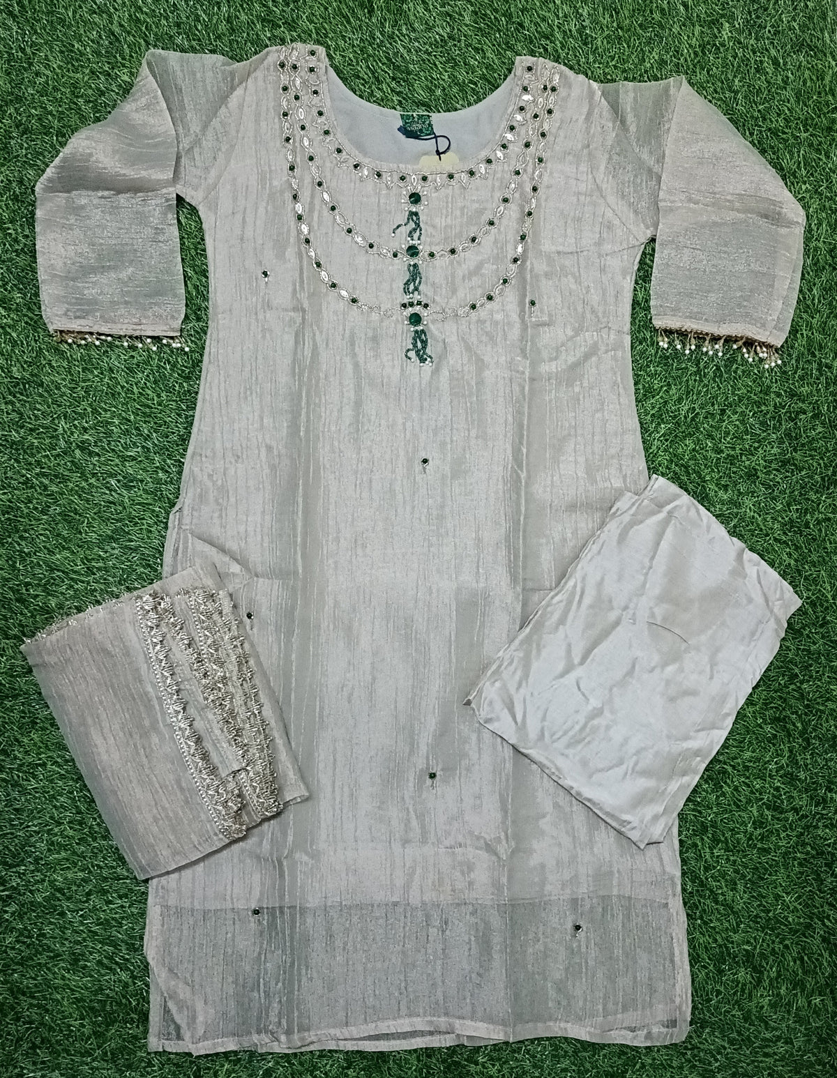 Women’s Silver Grey Roman Glass Embellished 3-Piece Kurti Set
