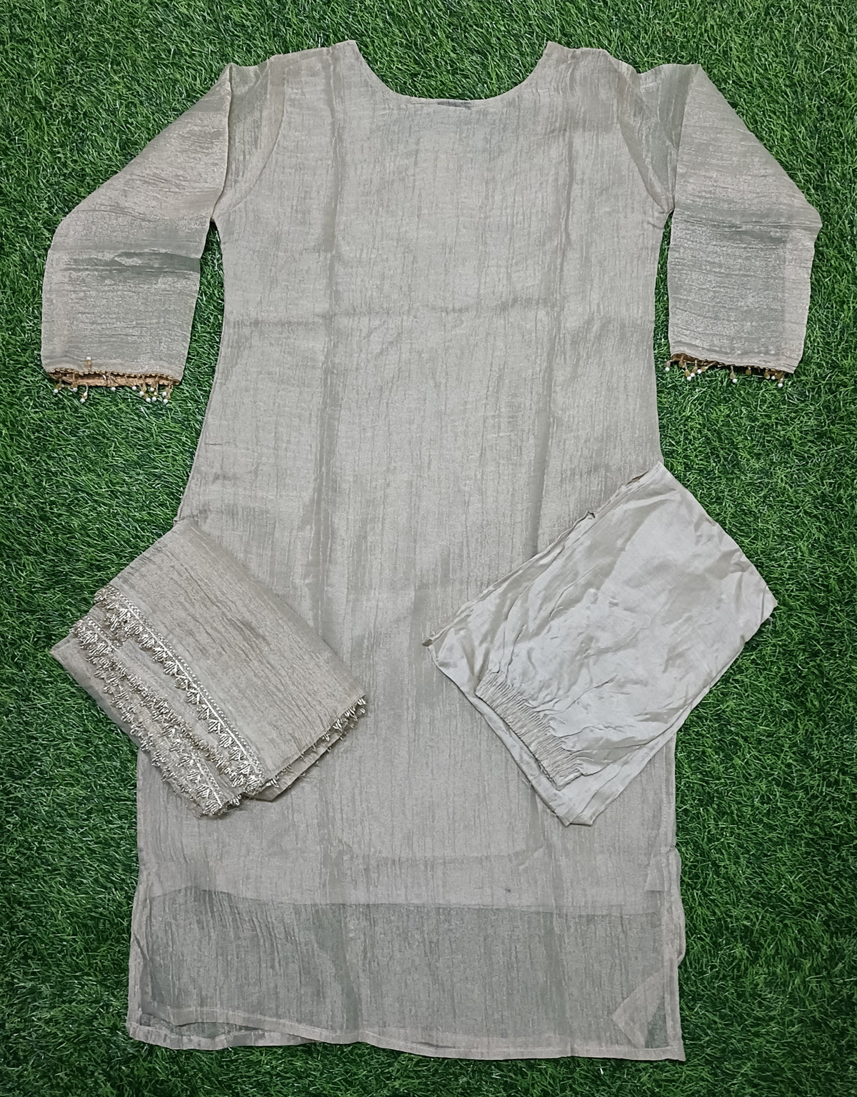 Women’s Silver Grey Roman Glass Embellished 3-Piece Kurti Set