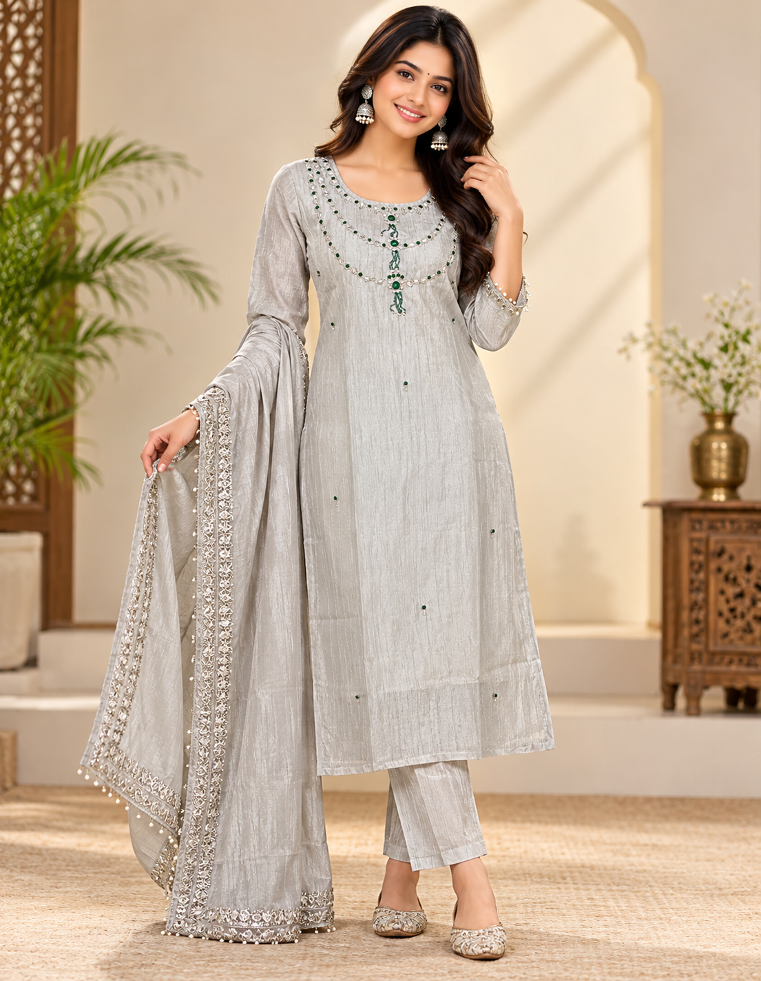 Women’s Silver Grey Roman Glass Embellished 3-Piece Kurti Set