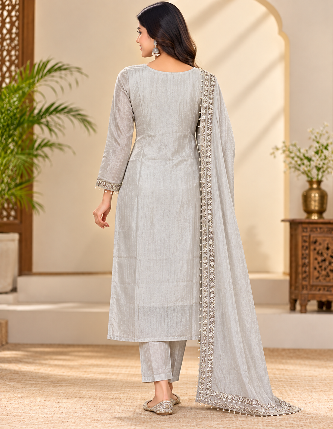 Women’s Silver Grey Roman Glass Embellished 3-Piece Kurti Set