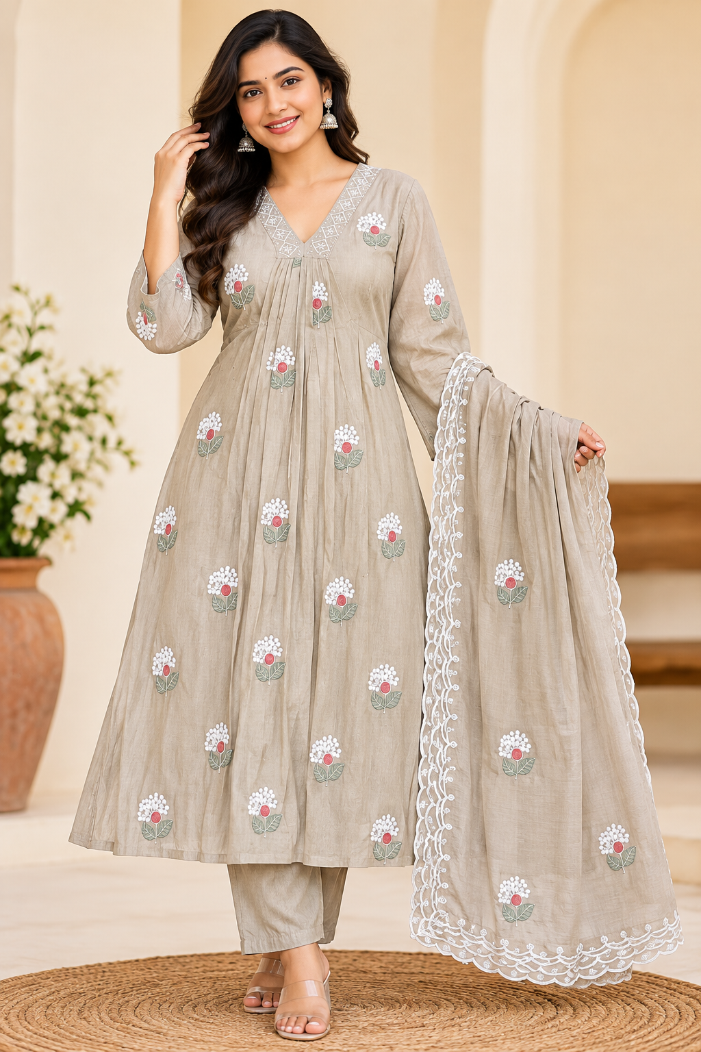 Women’s Taupe Grey Floral Embroidered Rayon 3-Piece Kurti Set