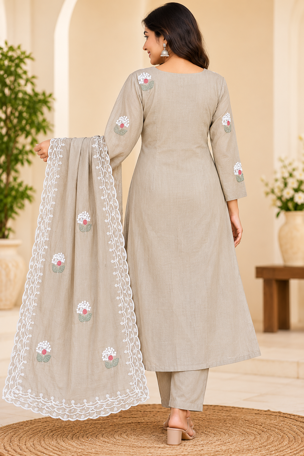 Women’s Taupe Grey Floral Embroidered Rayon 3-Piece Kurti Set