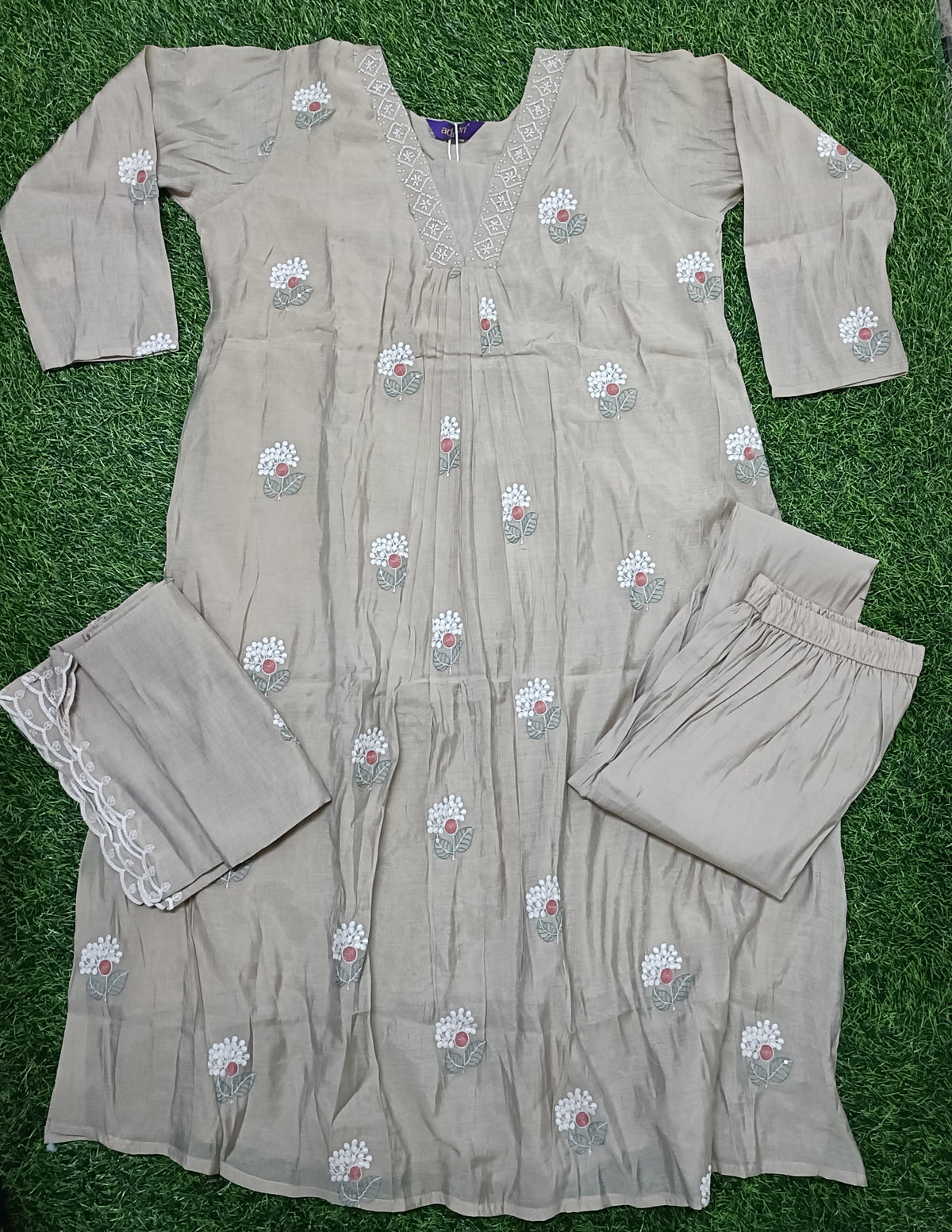 Women’s Taupe Grey Floral Embroidered Rayon 3-Piece Kurti Set