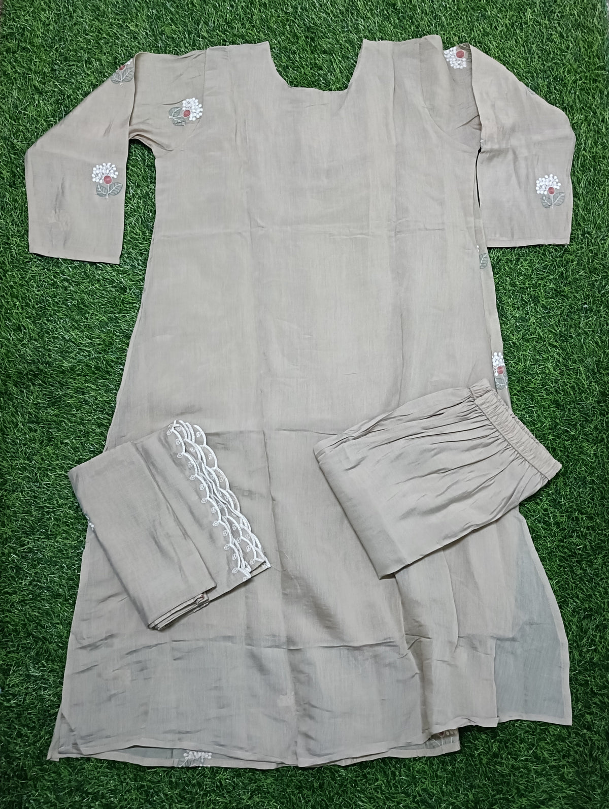 Women’s Taupe Grey Floral Embroidered Rayon 3-Piece Kurti Set
