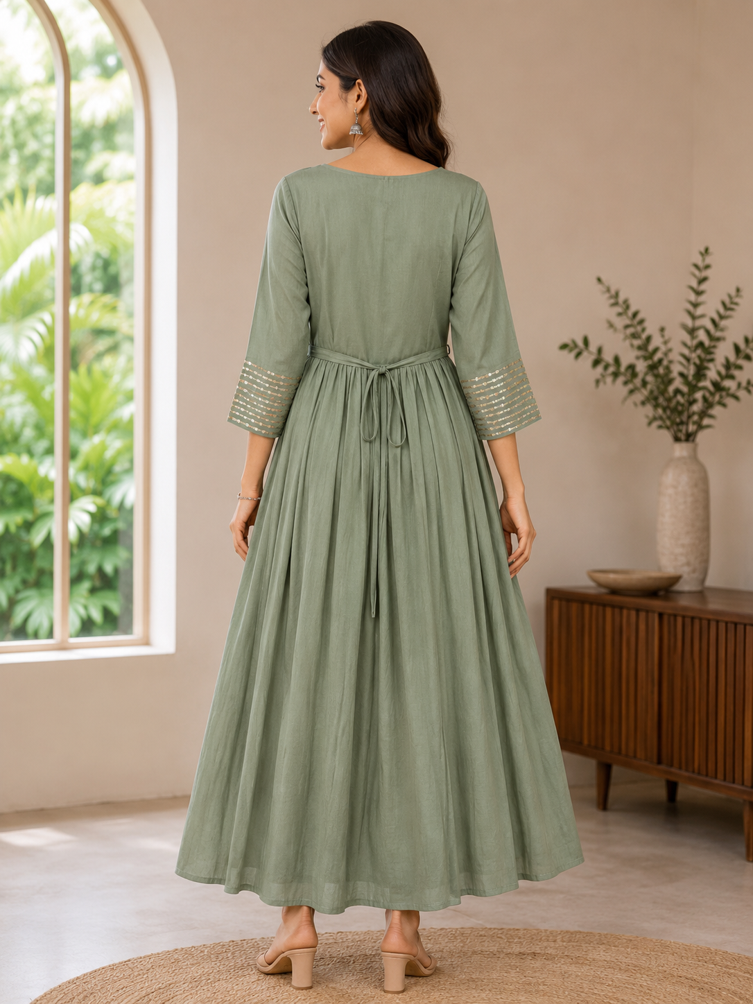 Elegant sage green Rayon Single Piece Kurti with Adjustable Waist Tie