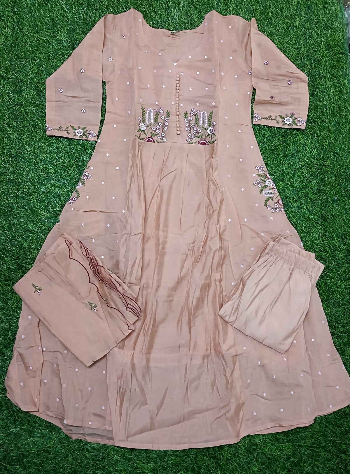Women’s Peach Beige Floral Embroidered Rayon 3-Piece Kurti Set