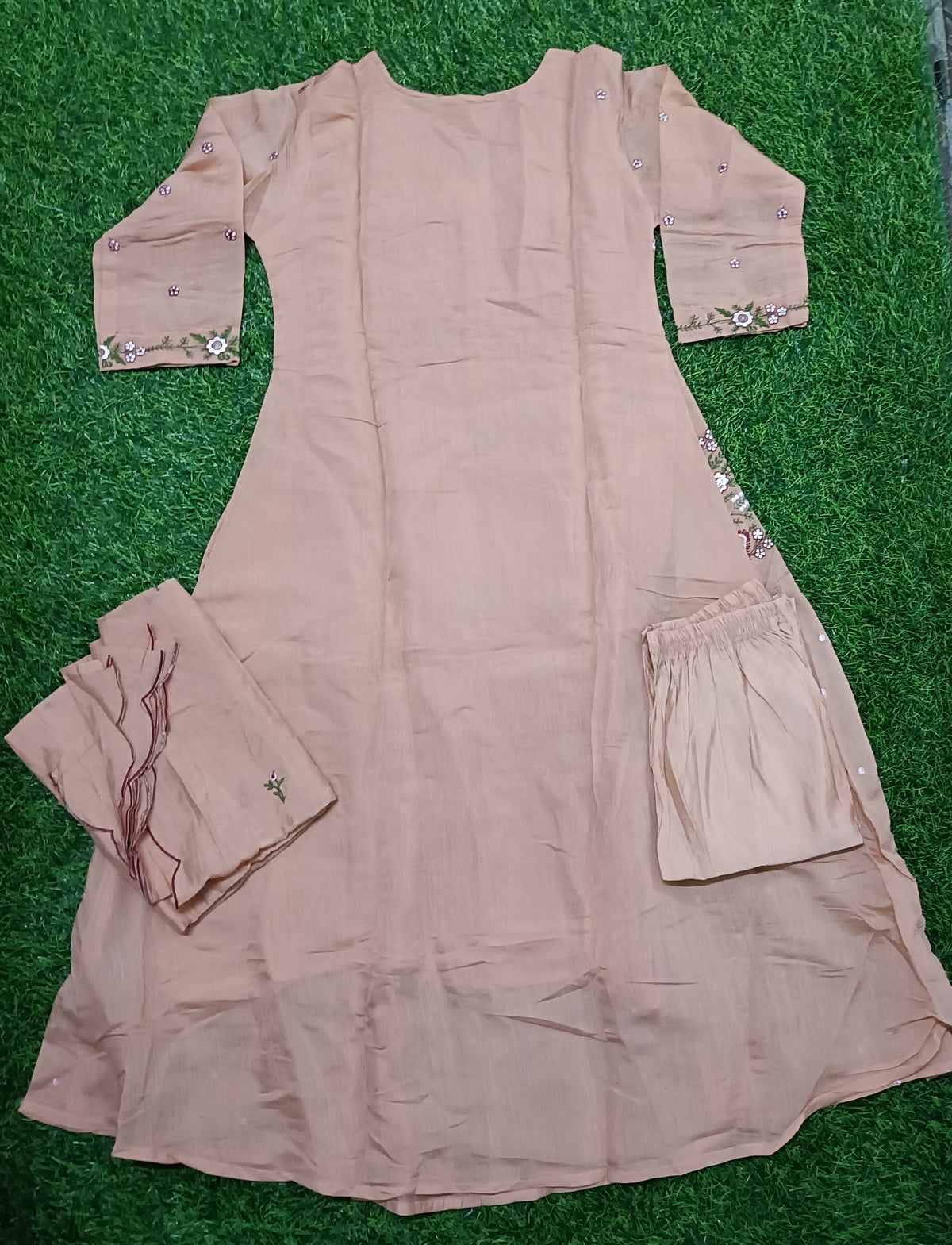 Women’s Peach Beige Floral Embroidered Rayon 3-Piece Kurti Set